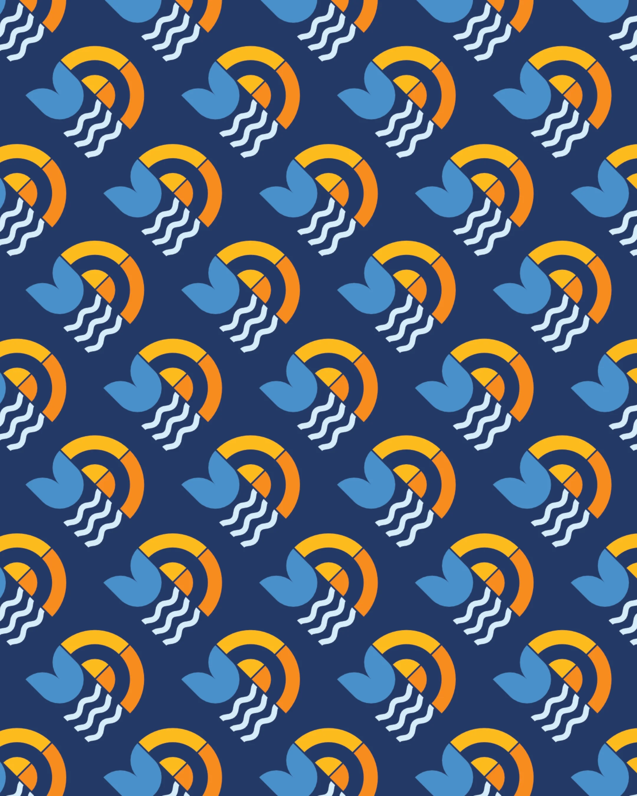 Pattern of stylized birds and rainbows on a dark blue background.