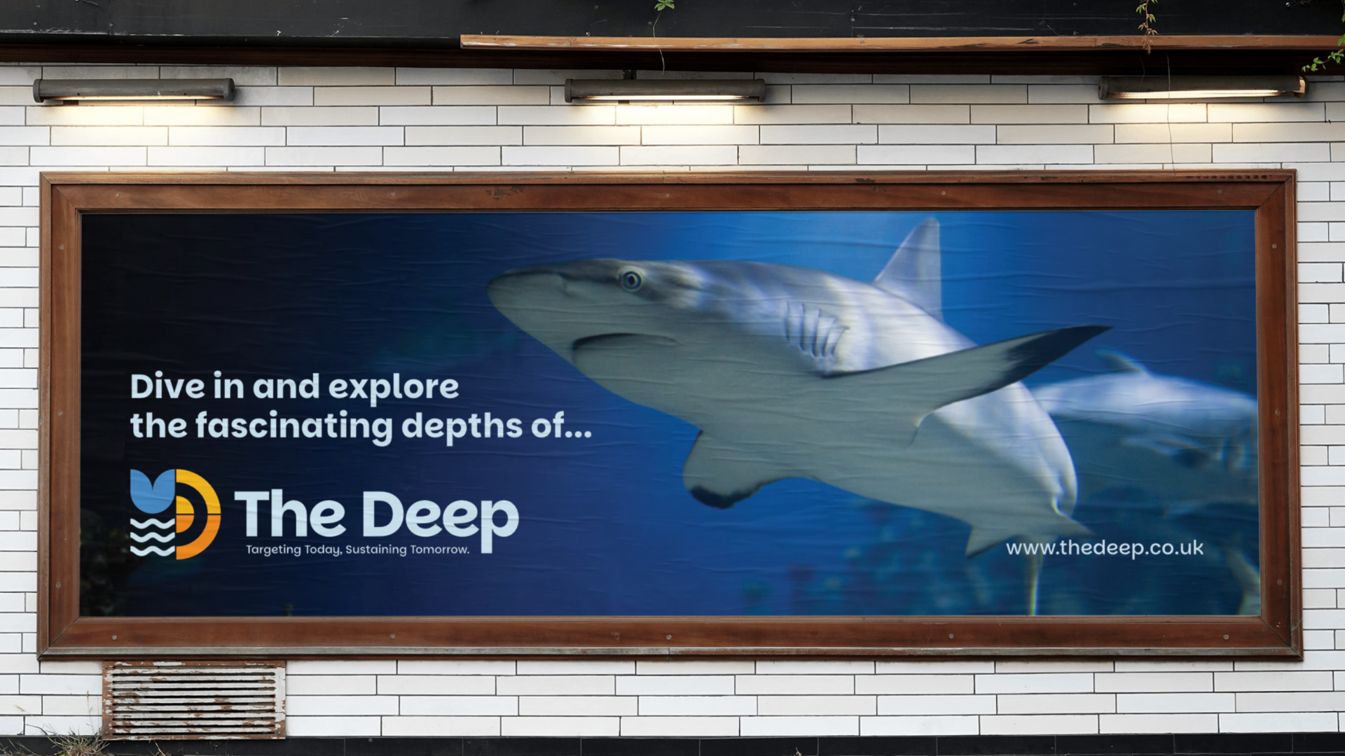 A large outdoor advertisement featuring a shark swimming underwater with text that reads 'Dive in and explore the fascinating depths of... The Deep' and the website URL 'www.thedeep.co.uk'.