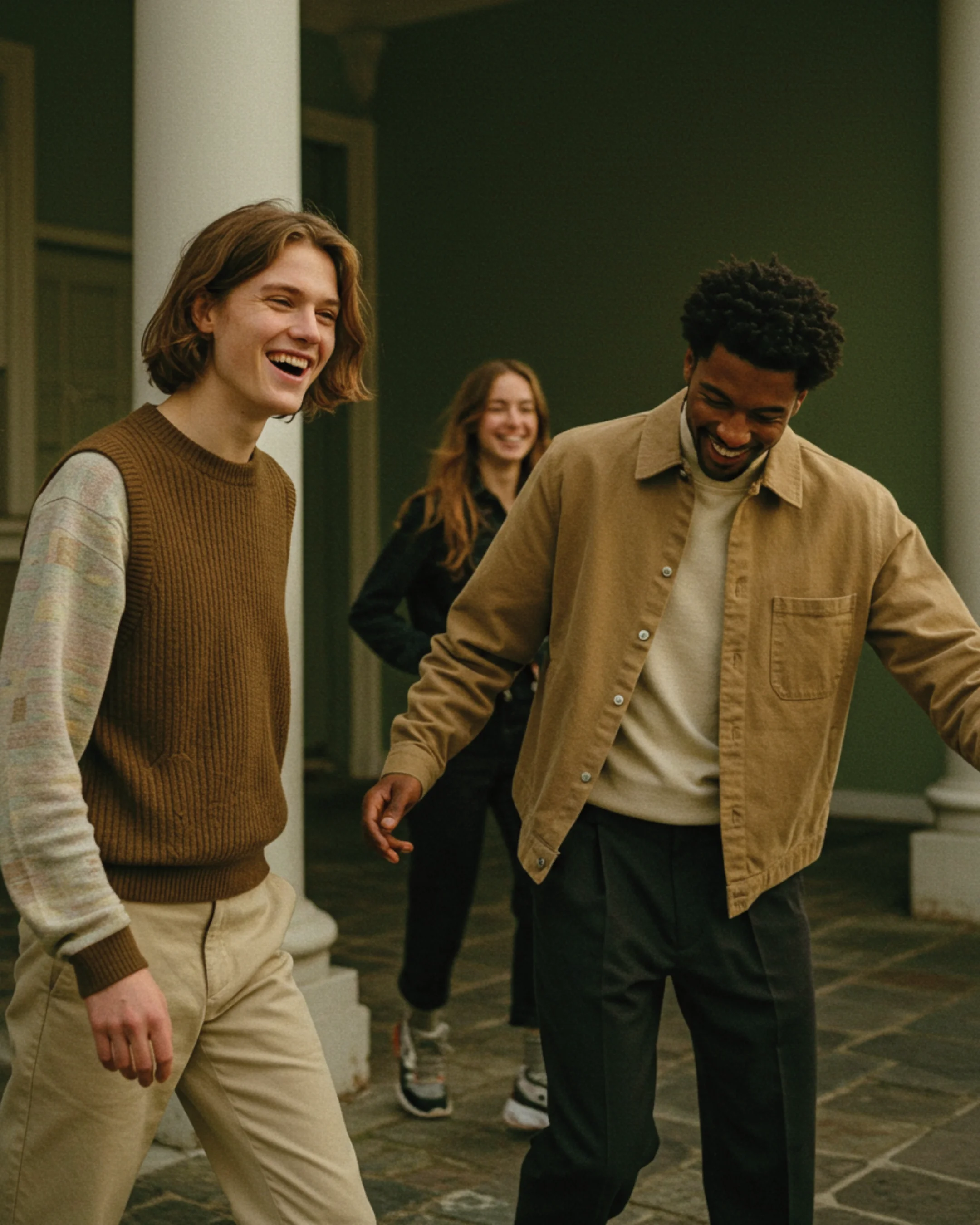 Three young adults, two women and one man, laughing and having fun on a porch at night.