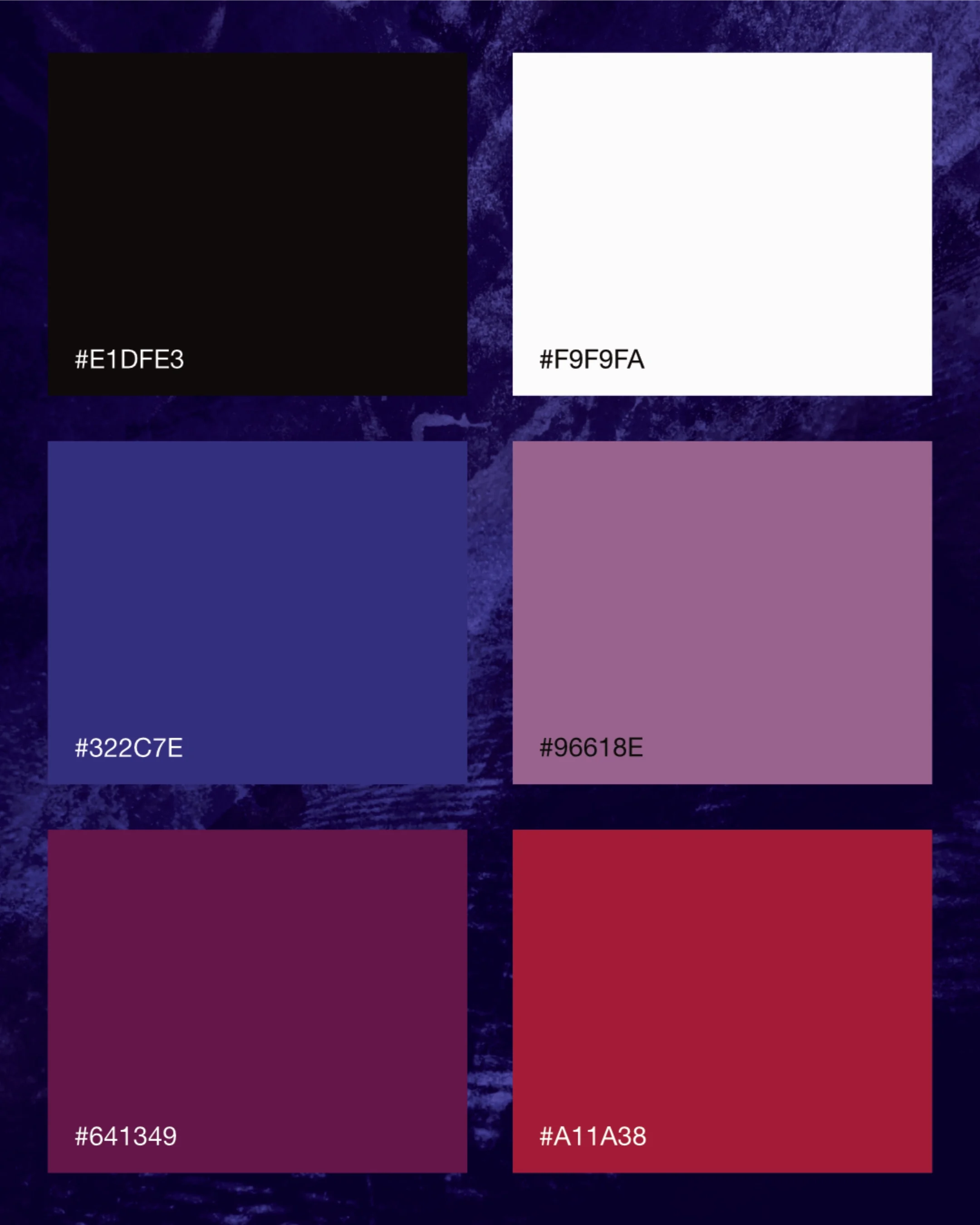 Six color swatches arranged in a 2x3 grid with hex codes. Top row: black (#E1DFE3), white (#F9F9FA); middle row: blue (#322C7E), lavender (#96618E); bottom row: plum (#641349), red (#A11A38).