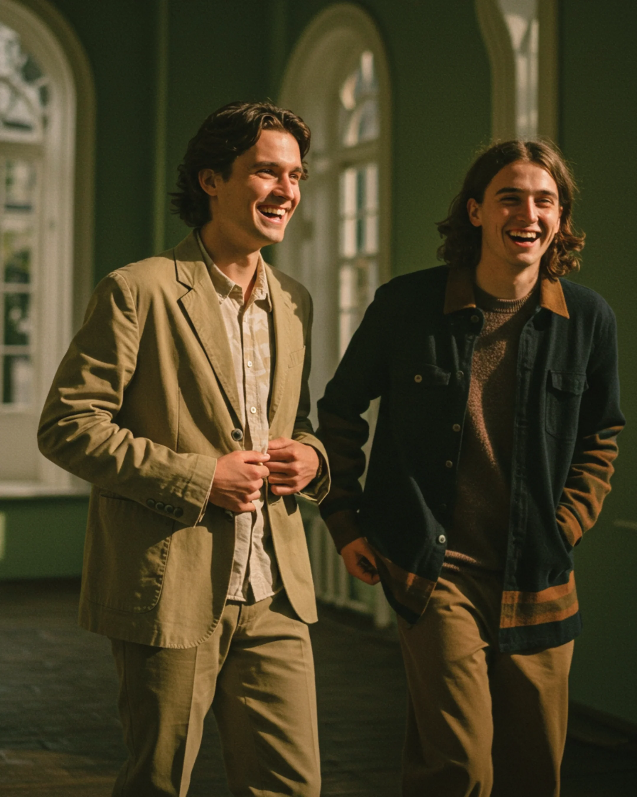 Two smiling young men walking in a green walled room with large arched windows.