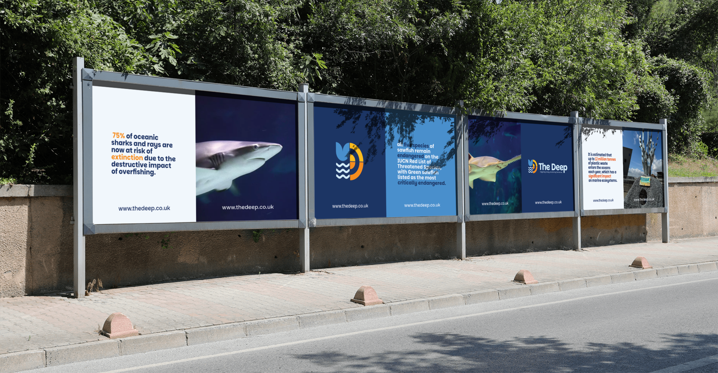 Billboard advertising for The Deep, highlighting facts and showing images of marine life