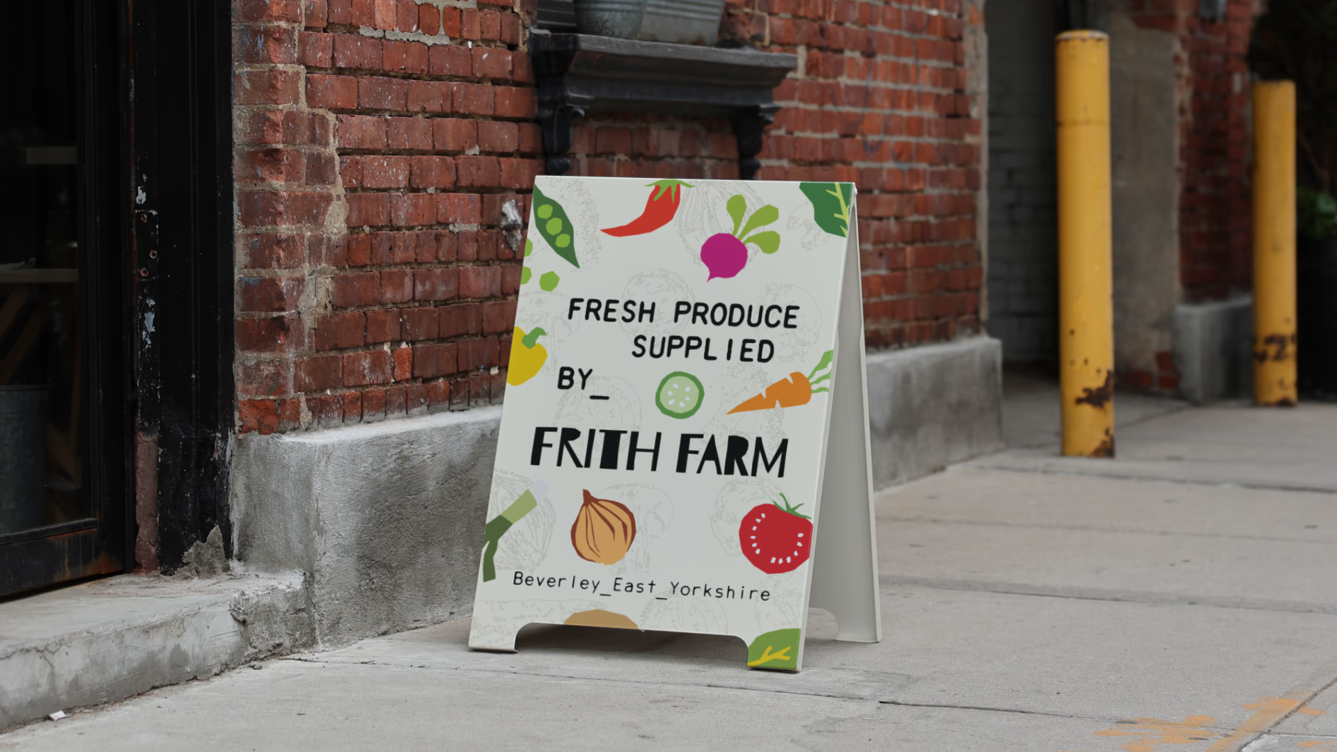 A sandwich board sign outside a store displays that fresh produce is supplied by Frith Farm in Beverley East, Yorkshire. The sign features illustrations of vegetables and produce like radishes, carrots, onions, strawberries, and peppers, with a brick