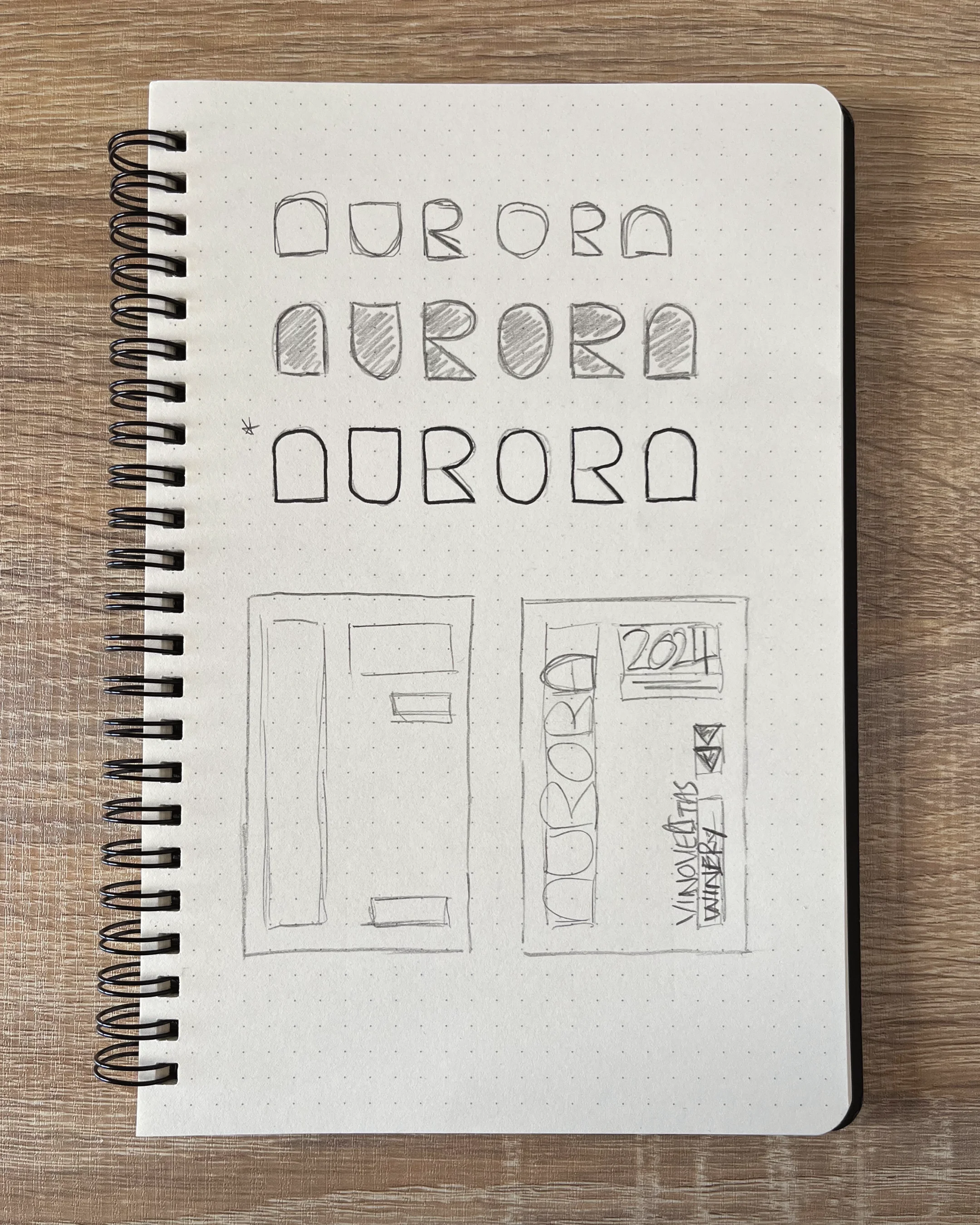 Hand-drawn sketches of a building facade, rectangular with windows, and a layout of a sign with the word "JOURNAL" and the year "2024," as well as handwritten notes.