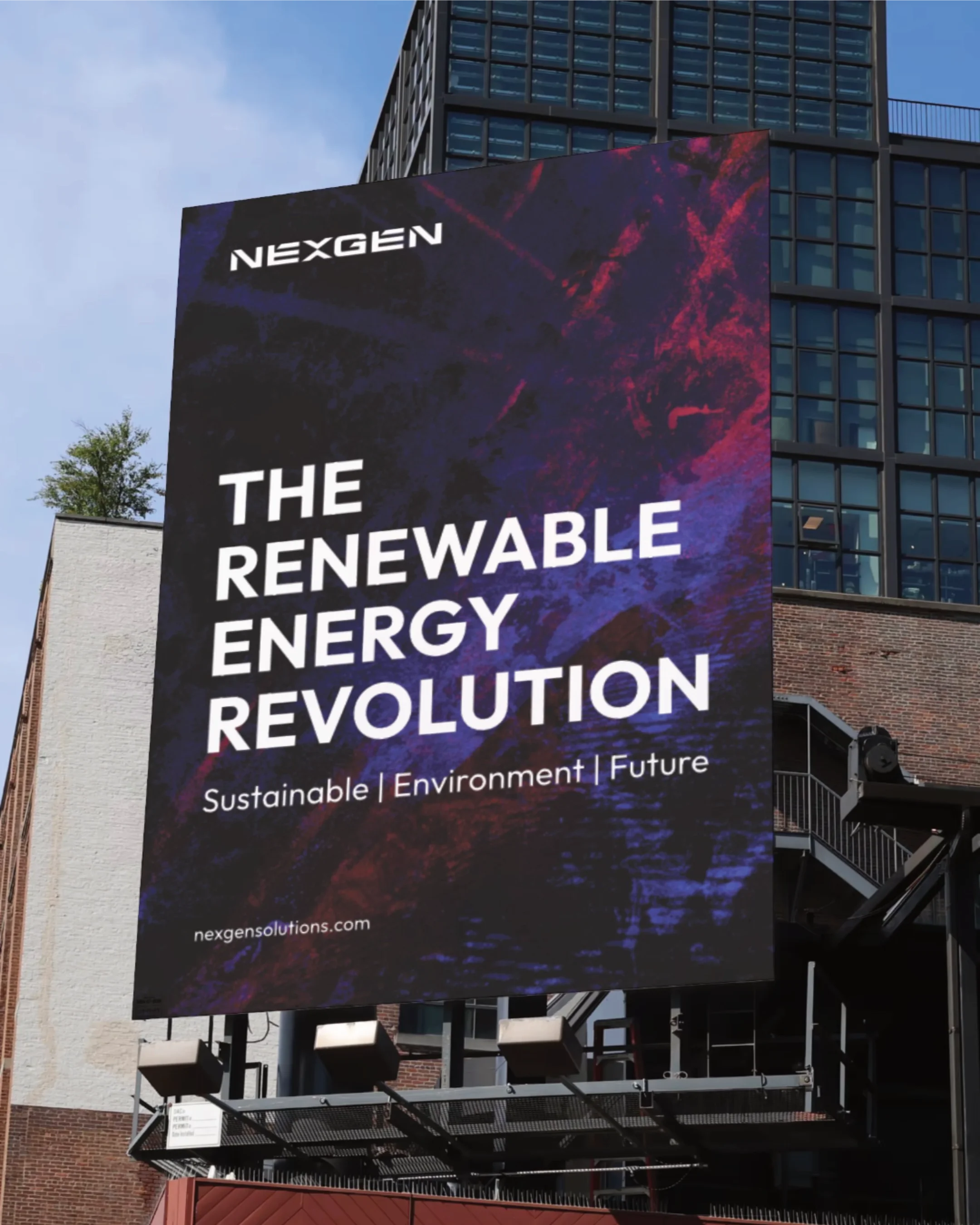 Billboard promoting the renewable energy revolution with the text: 'The Renewable Energy Revolution. Sustainable | Environment | Future' and the website nexgensolutions.com, set against urban buildings.