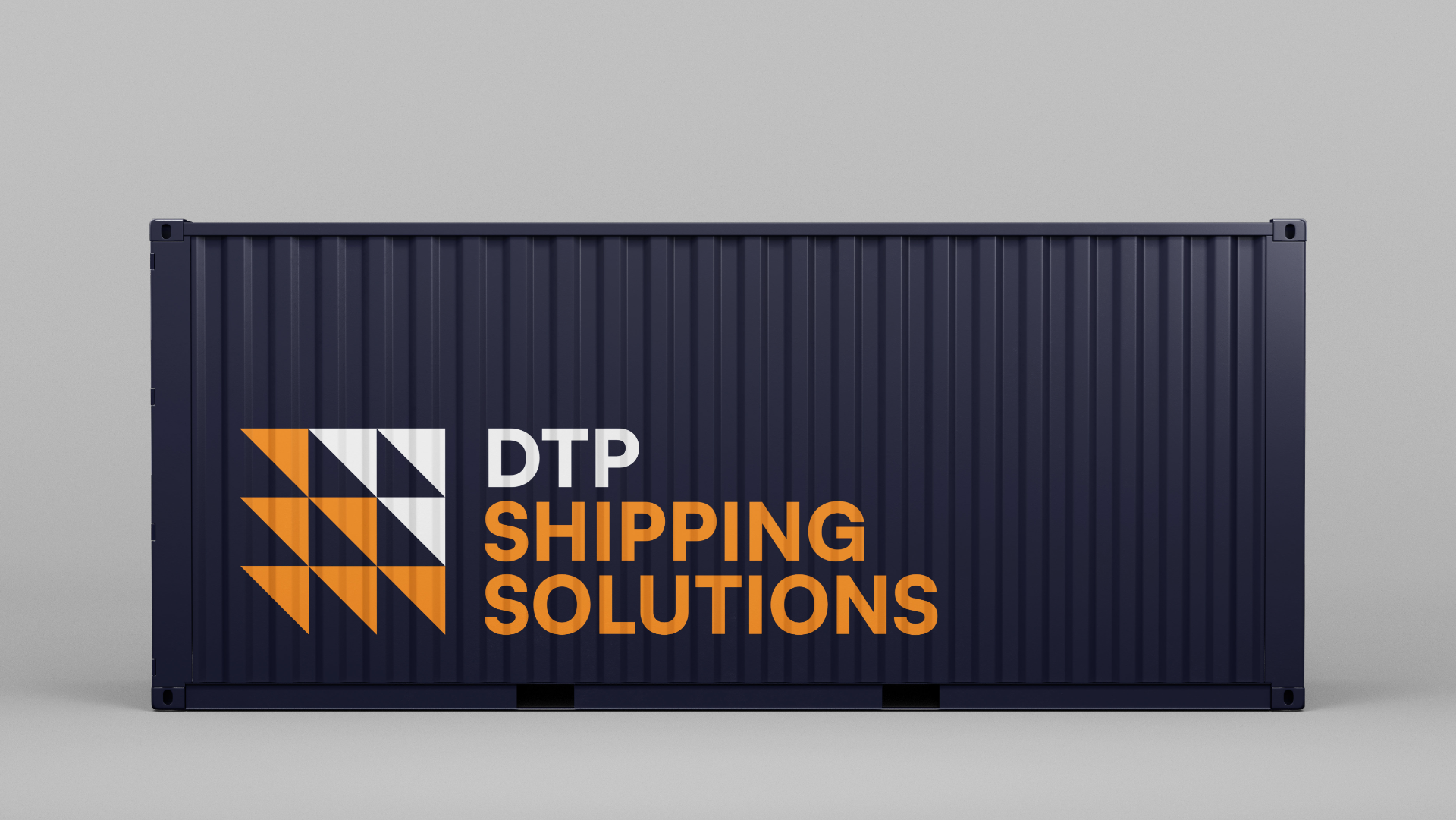 Shipping container with logo and text that reads 'DTP Shipping Solutions' on a plain gray background.