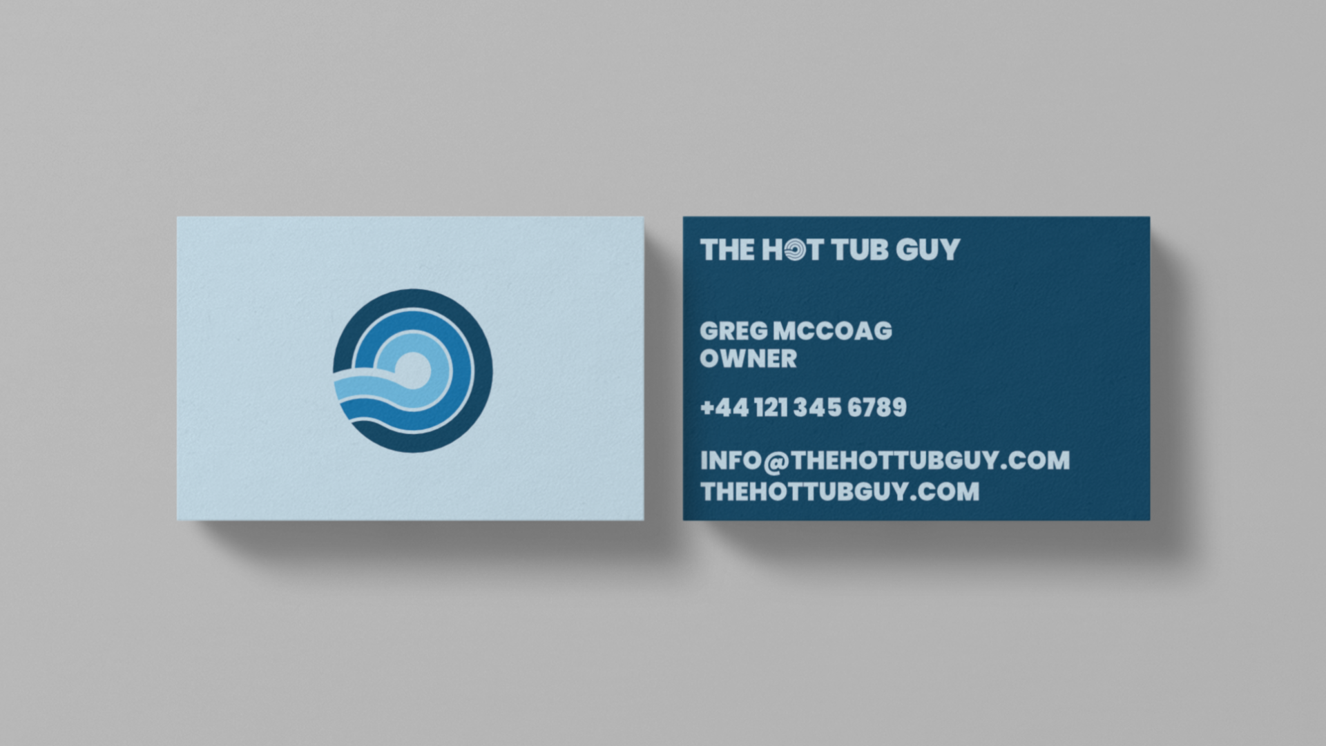 Business card with logo on left and contact information on right, in shades of blue and white.