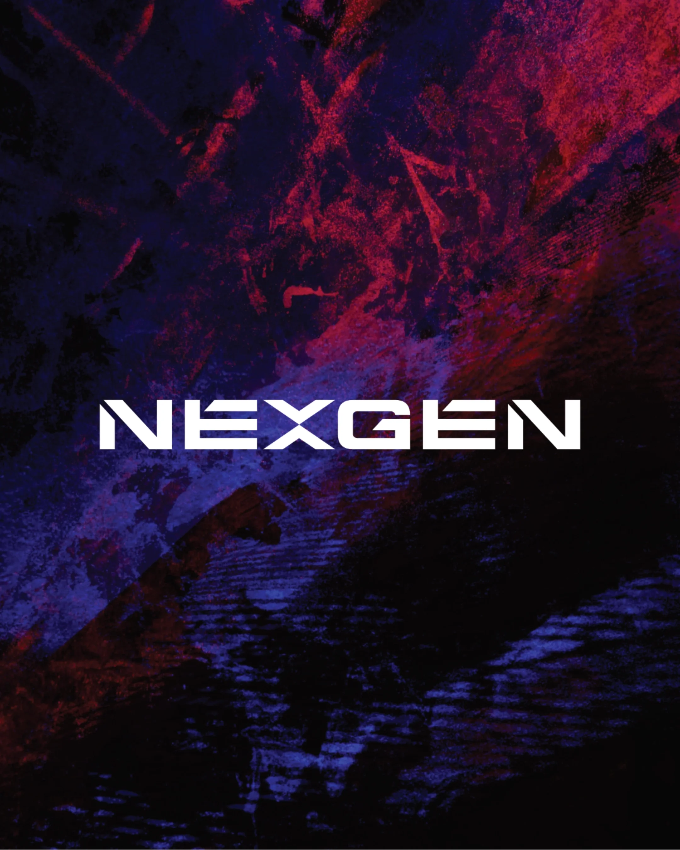 NEXGEN logo over a dark abstract background with red and blue hues.