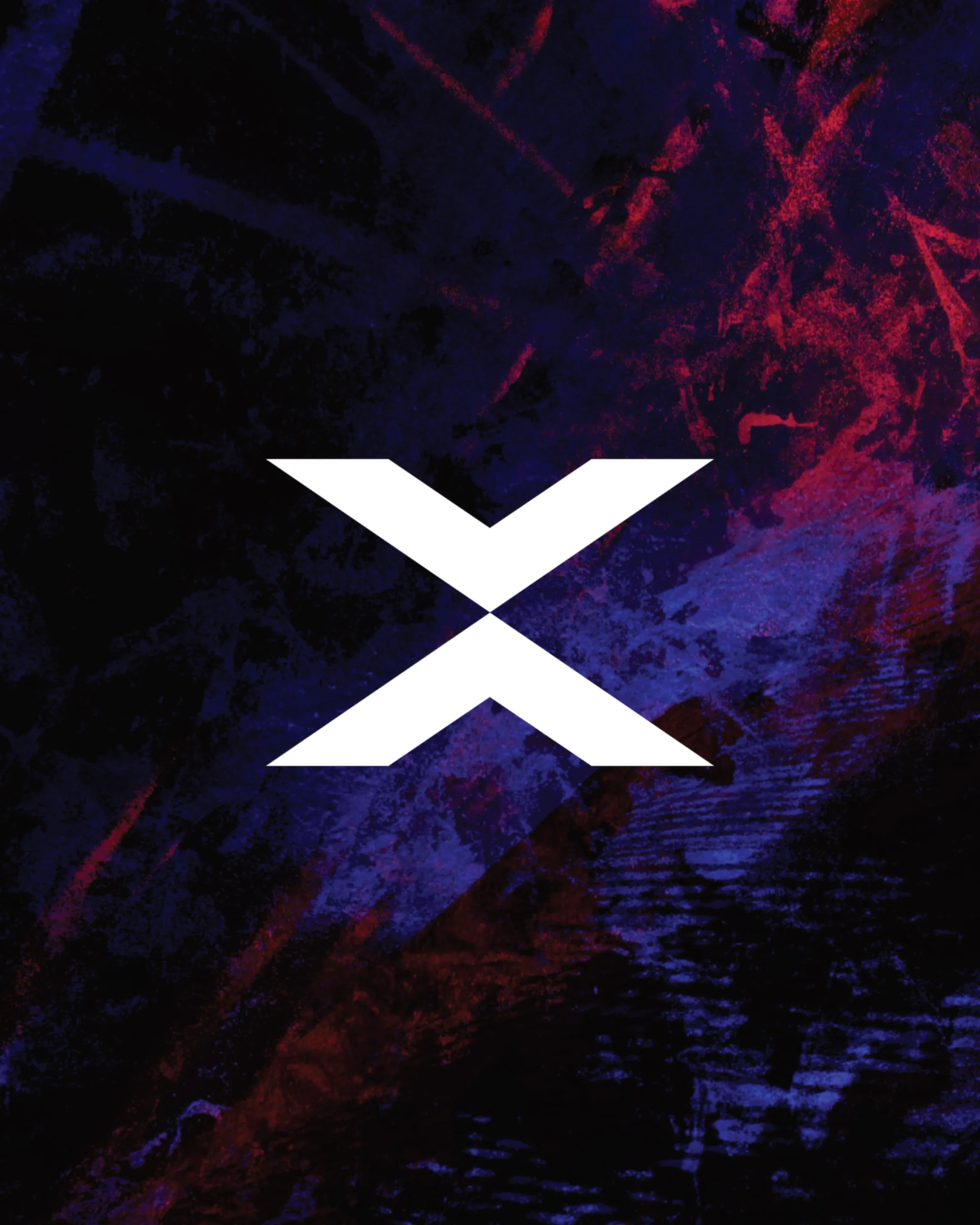 Digital artwork with abstract dark background featuring red and blue textures and a prominent white 'X' and downward arrow shape in the center.