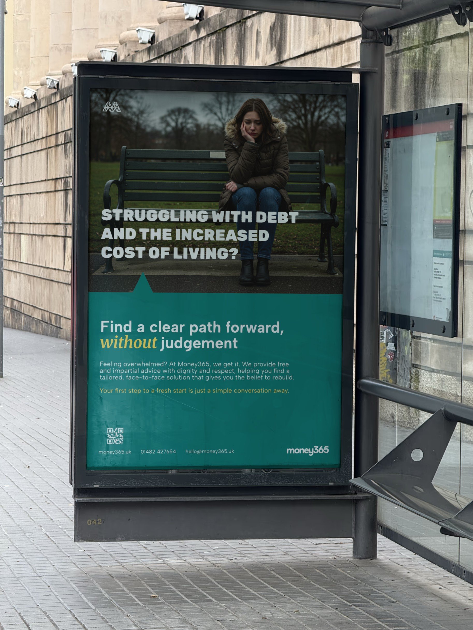 Bus stop Poster advertisement for Money365 talking about debt management and offering free impartial advice