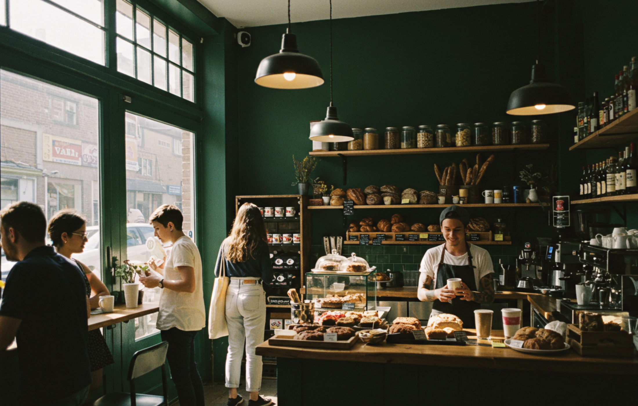 AI image of a pastry/coffee shop, walls are green with the counter full of different pastry items