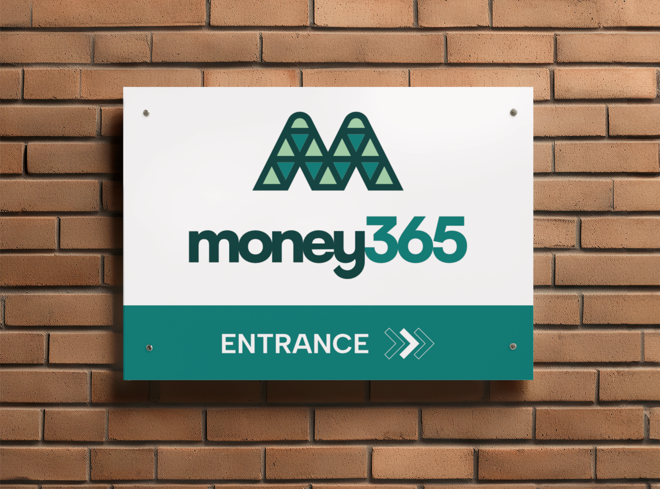 Money365 branded wall sign fastened to a brick wall