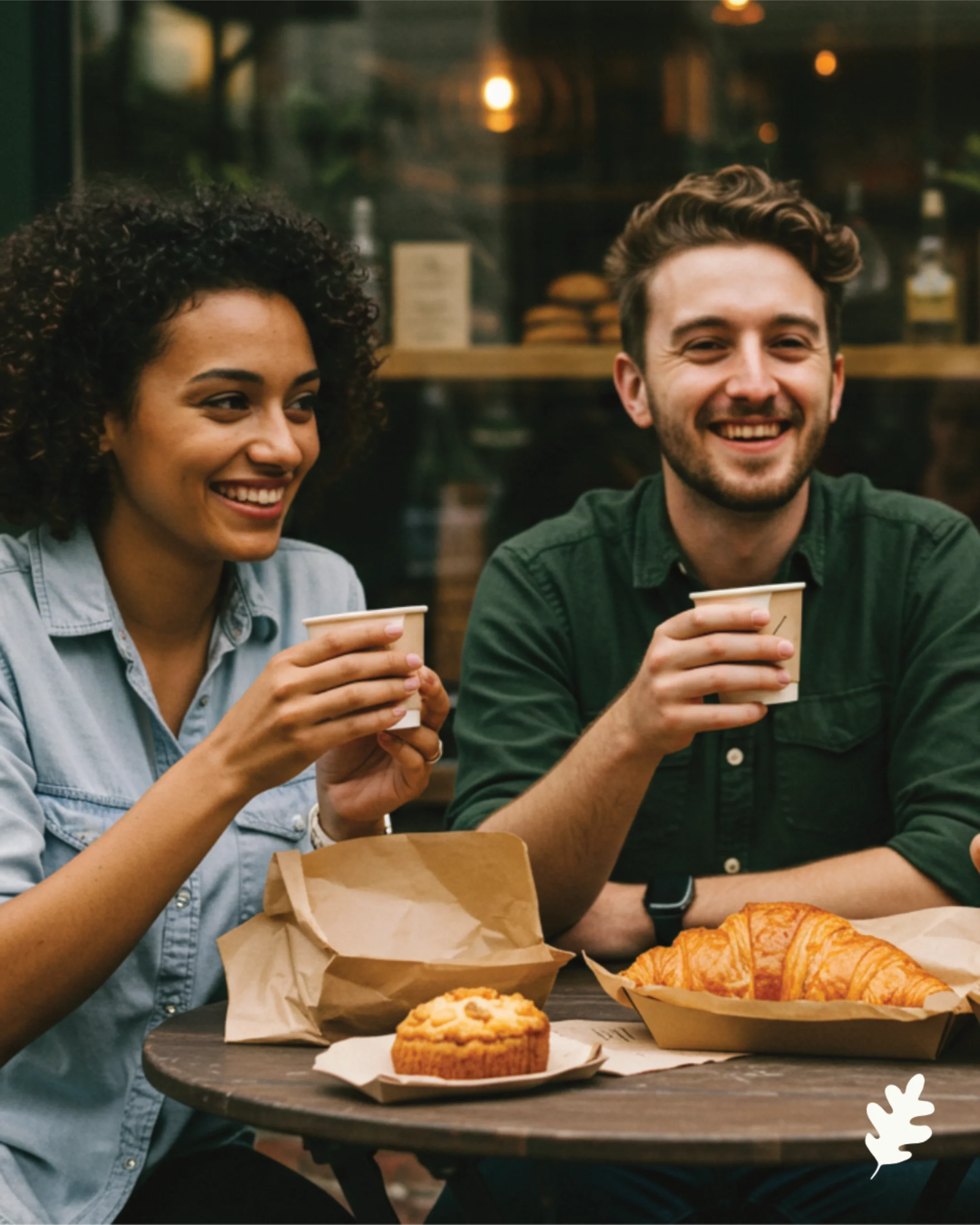 A man and woman sitting at a table in a cafe, smiling and holding cups of coffee, with pastries on the table.
