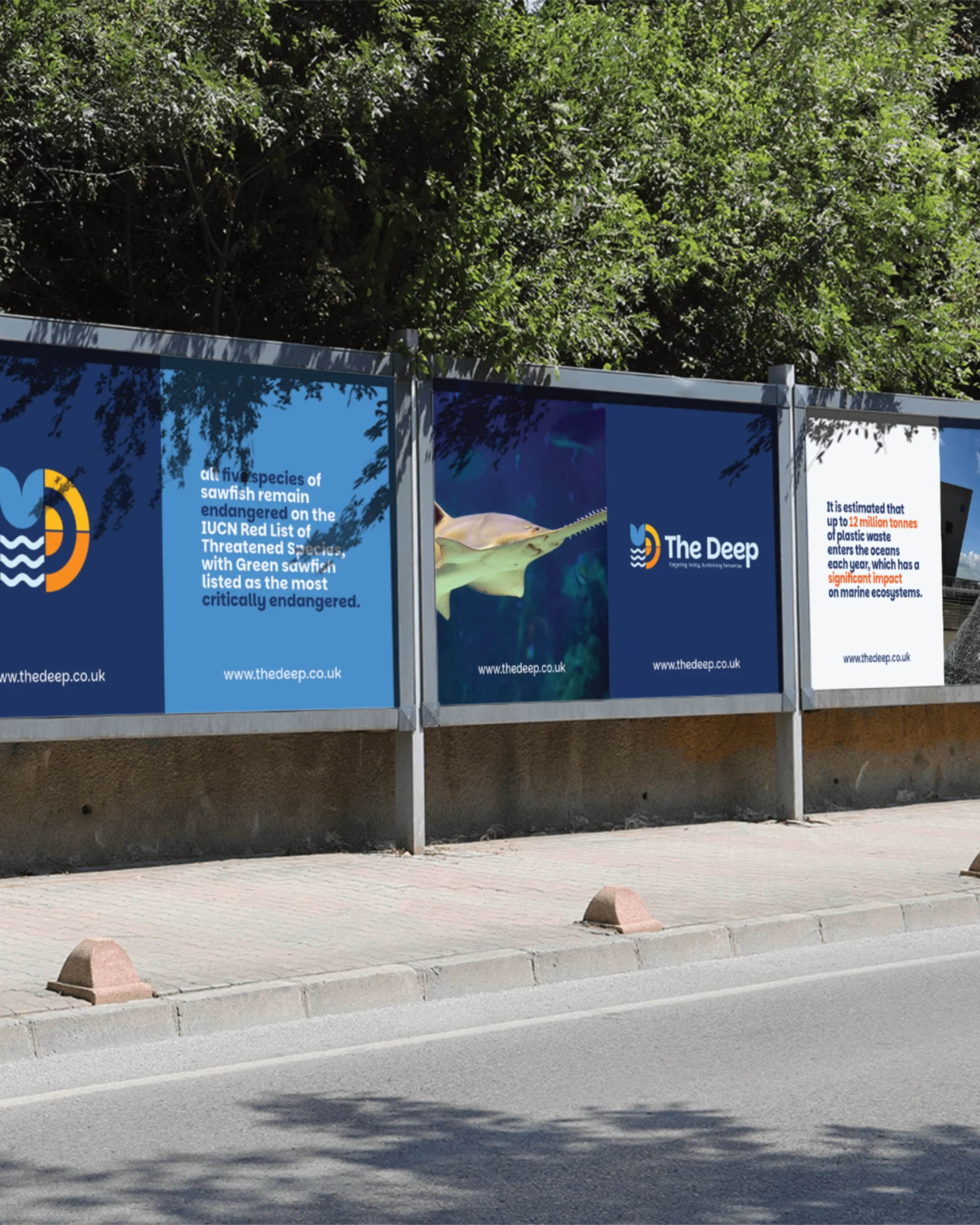 Environmental awareness billboard about endangered sawfish species and plastic waste impact, featuring images of a sawfish underwater, logos, and the website www.thedeep.co.uk.