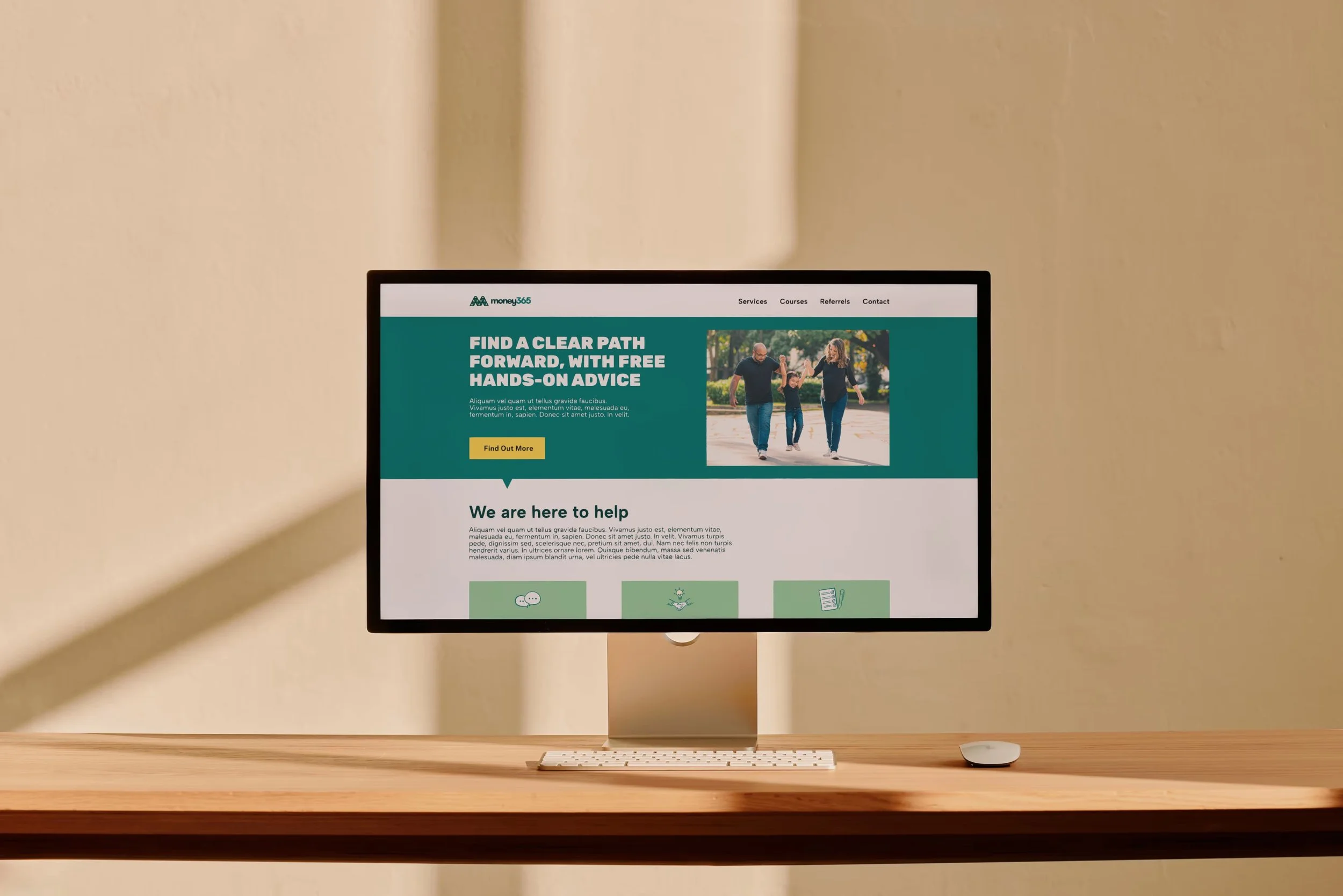 Money365 website on a computer screen positioned on a wooden desk with a keyboard and mouse