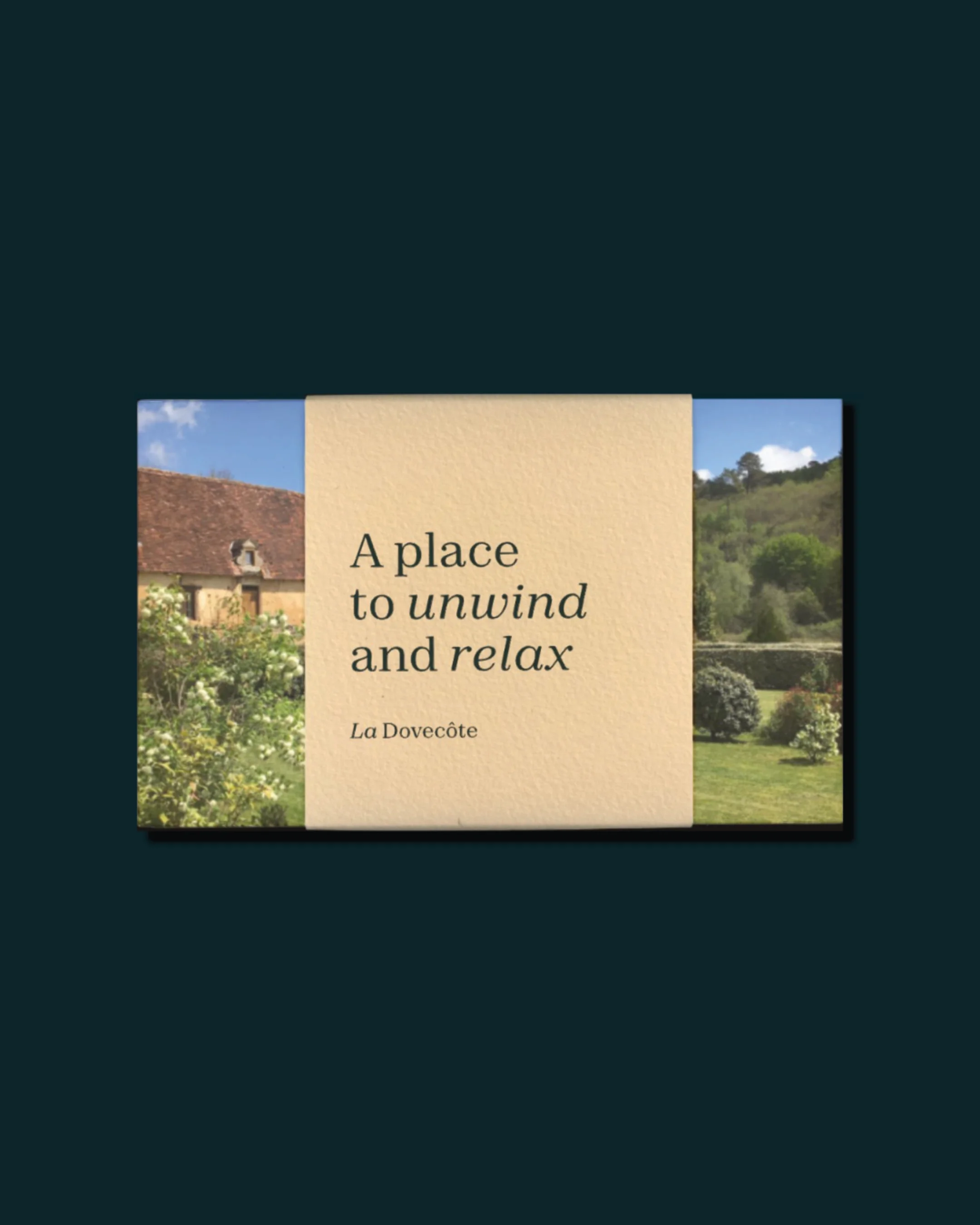 Book cover titled "A place to unwind and relax" with scenic landscape images of a house and greenery.