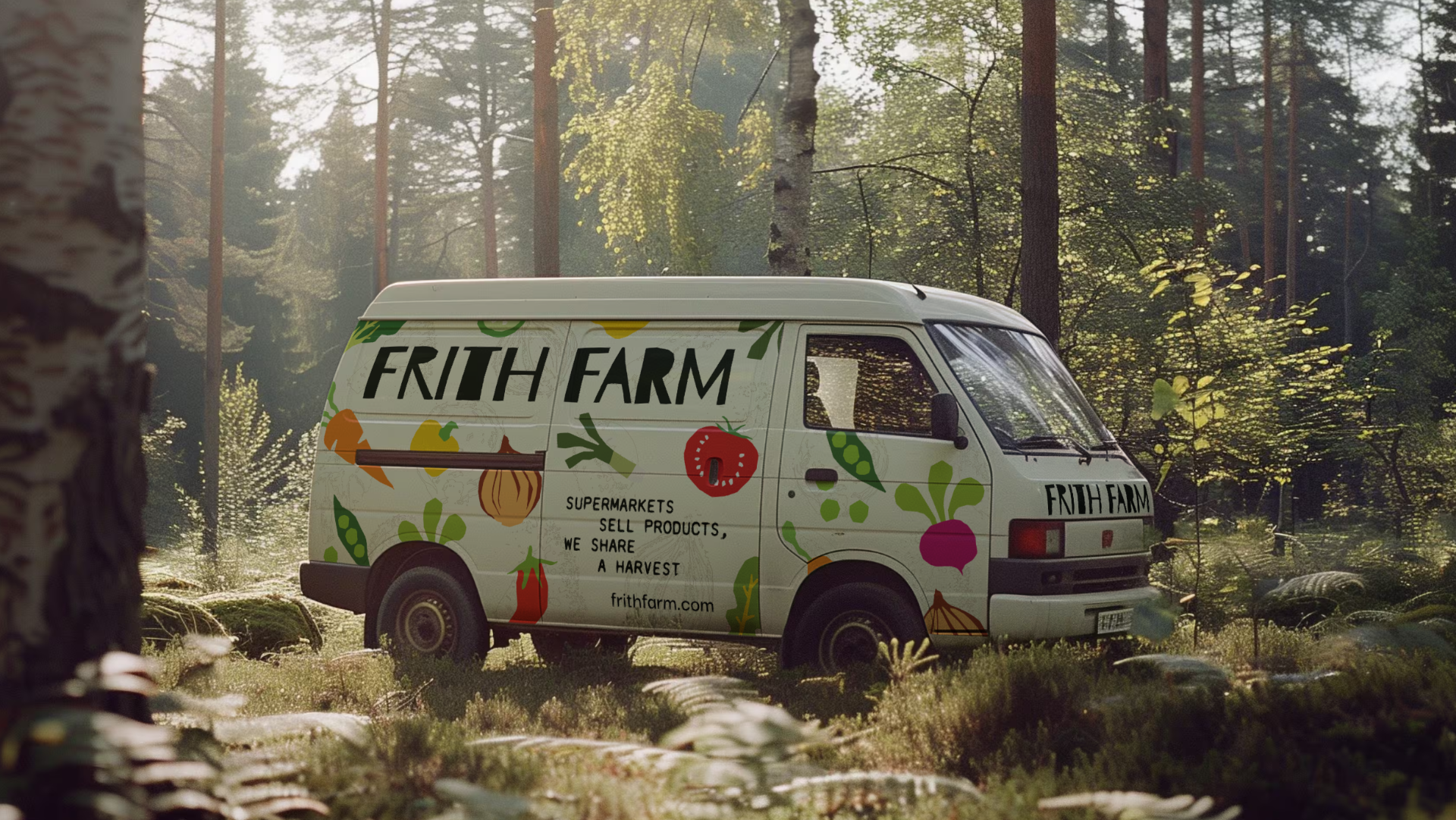 A white delivery van with colorful fruit and vegetable illustrations and the text 'Fritth Farm' parked in a forested area with tall trees and sunlight filtering through the leaves.