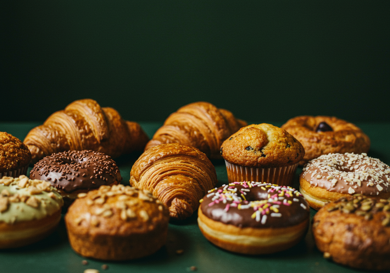 Selecetion of pastries on a green table with green background