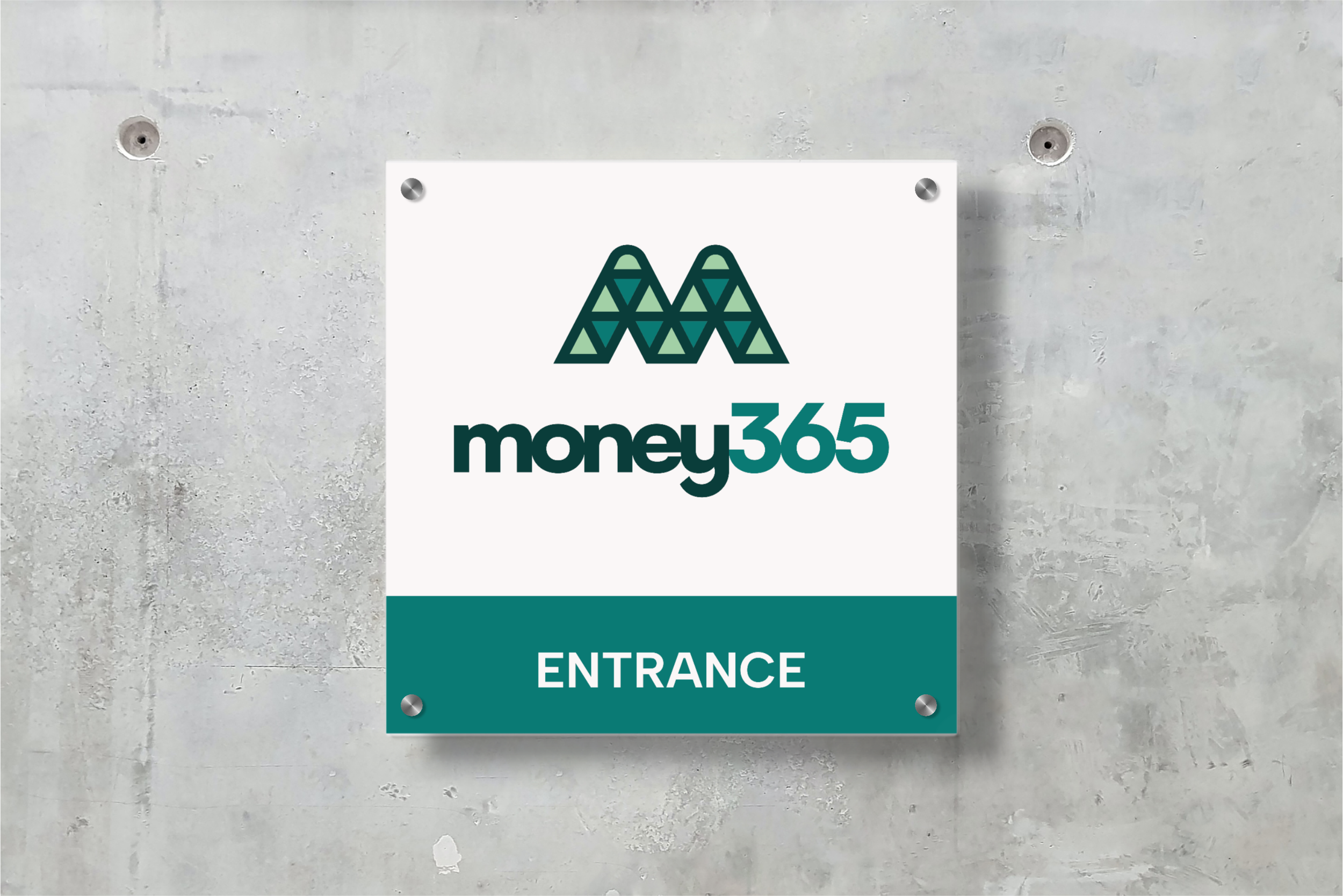 Money365 small entrance wall sign with logo placed on a concrete style wall