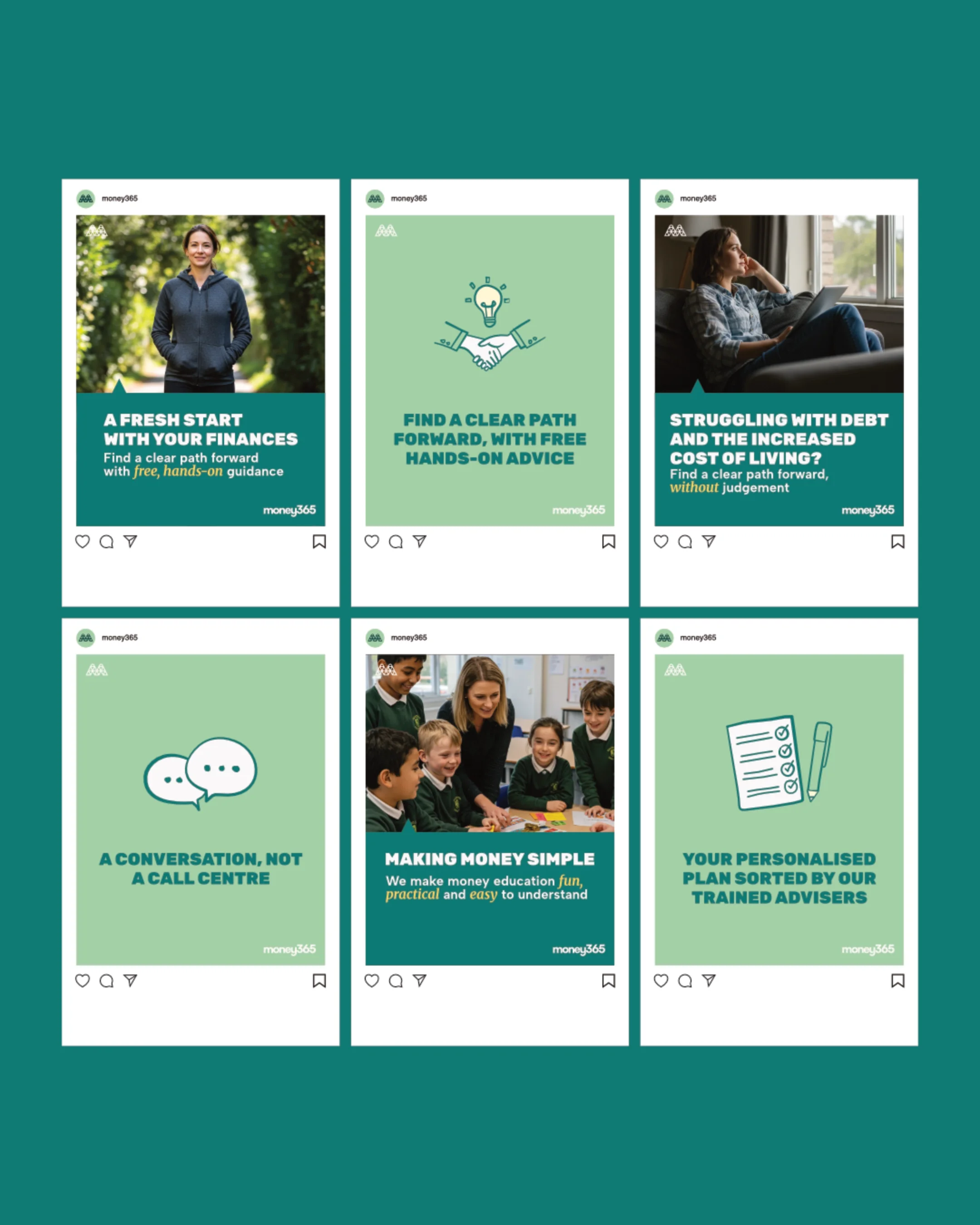 Six social media-style posts related to personal finance and money education. The posts feature images of people, illustrations, and text emphasizing financial planning, advice, and education.