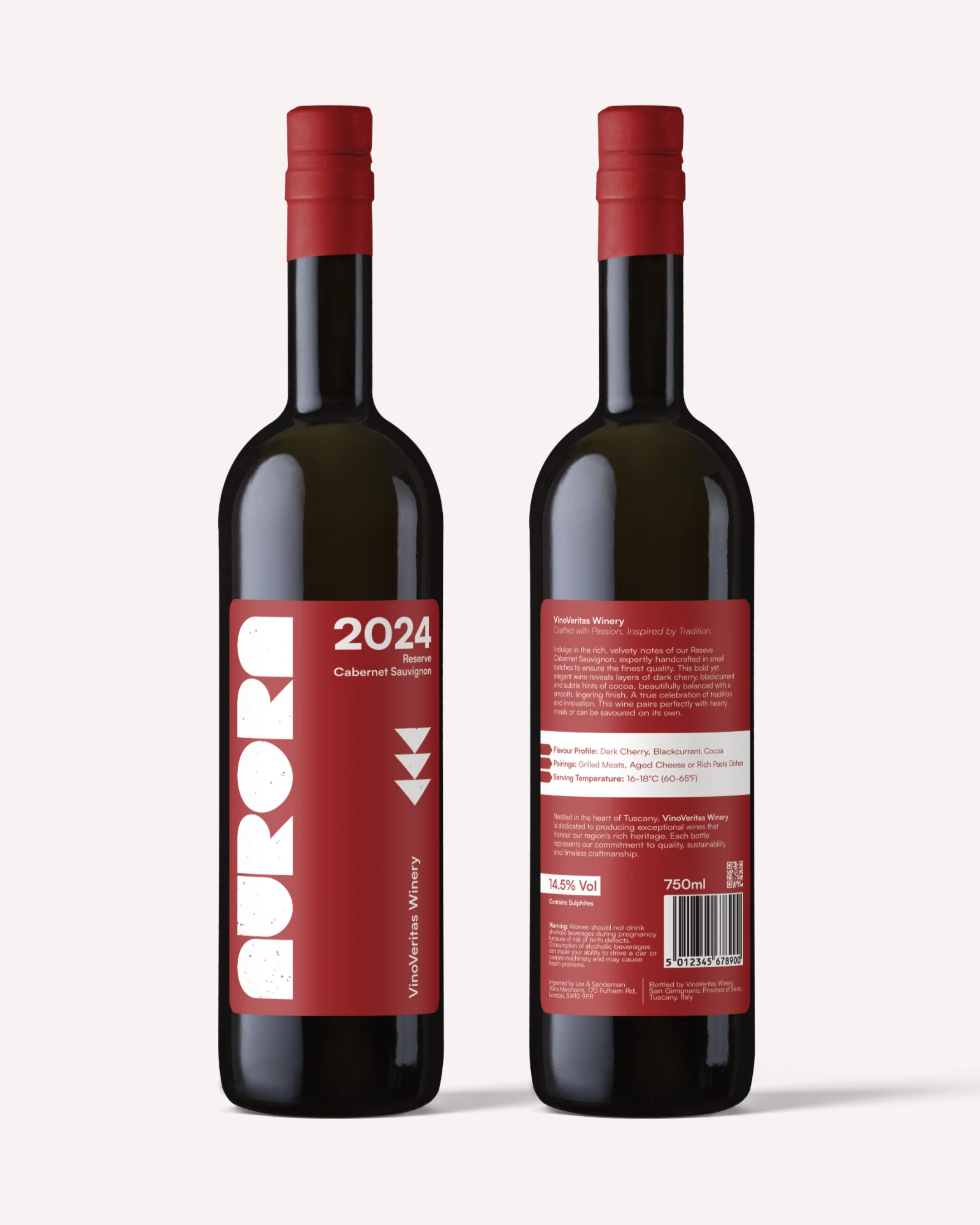 Two bottles of red wine with red labels and caps, displaying the front and back of the packaging.