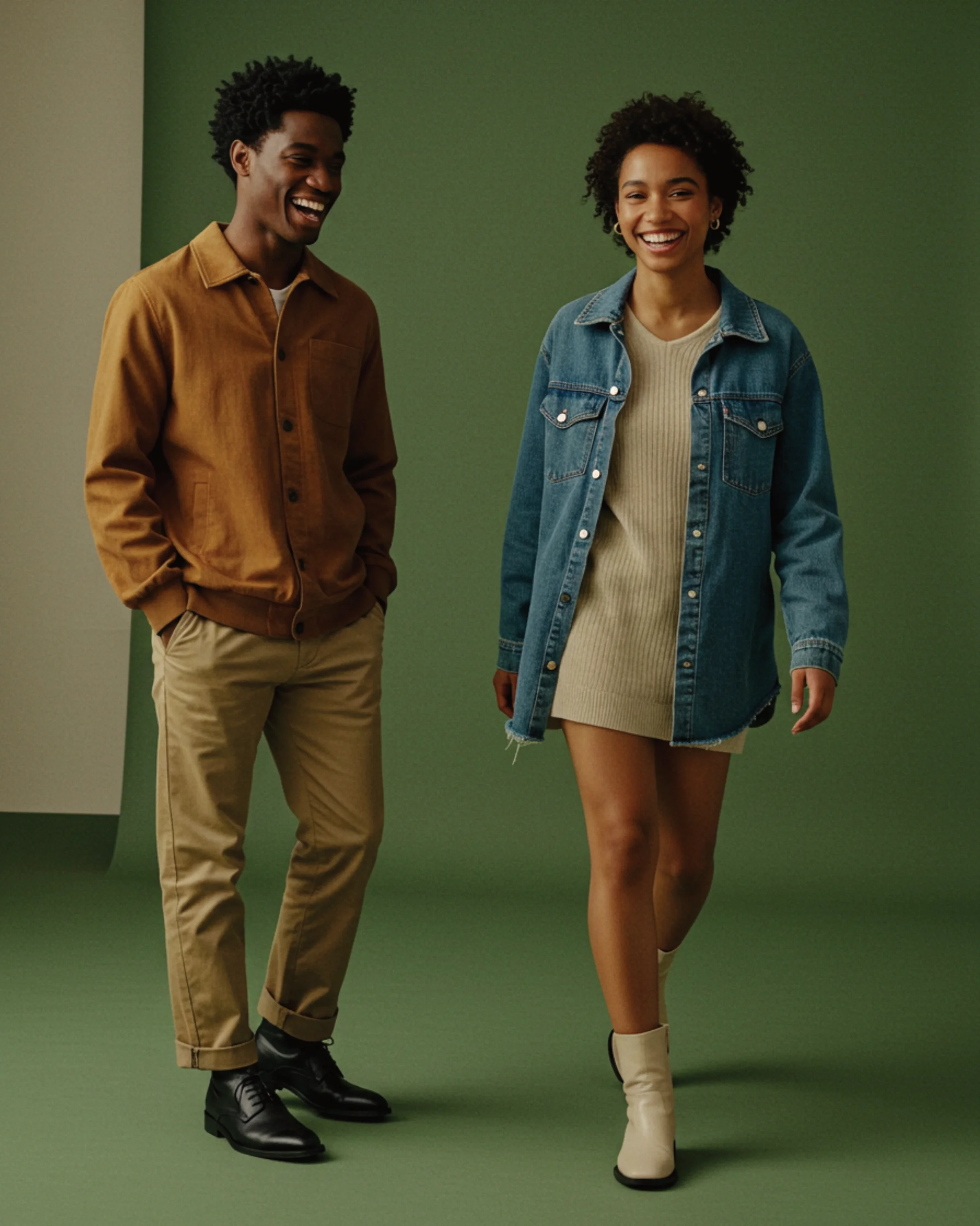 A man and woman standing together, both smiling and dressed casually. The man is wearing a brown jacket, beige pants, and black shoes. The woman is wearing a denim jacket, a beige dress, and white boots, with a green background.