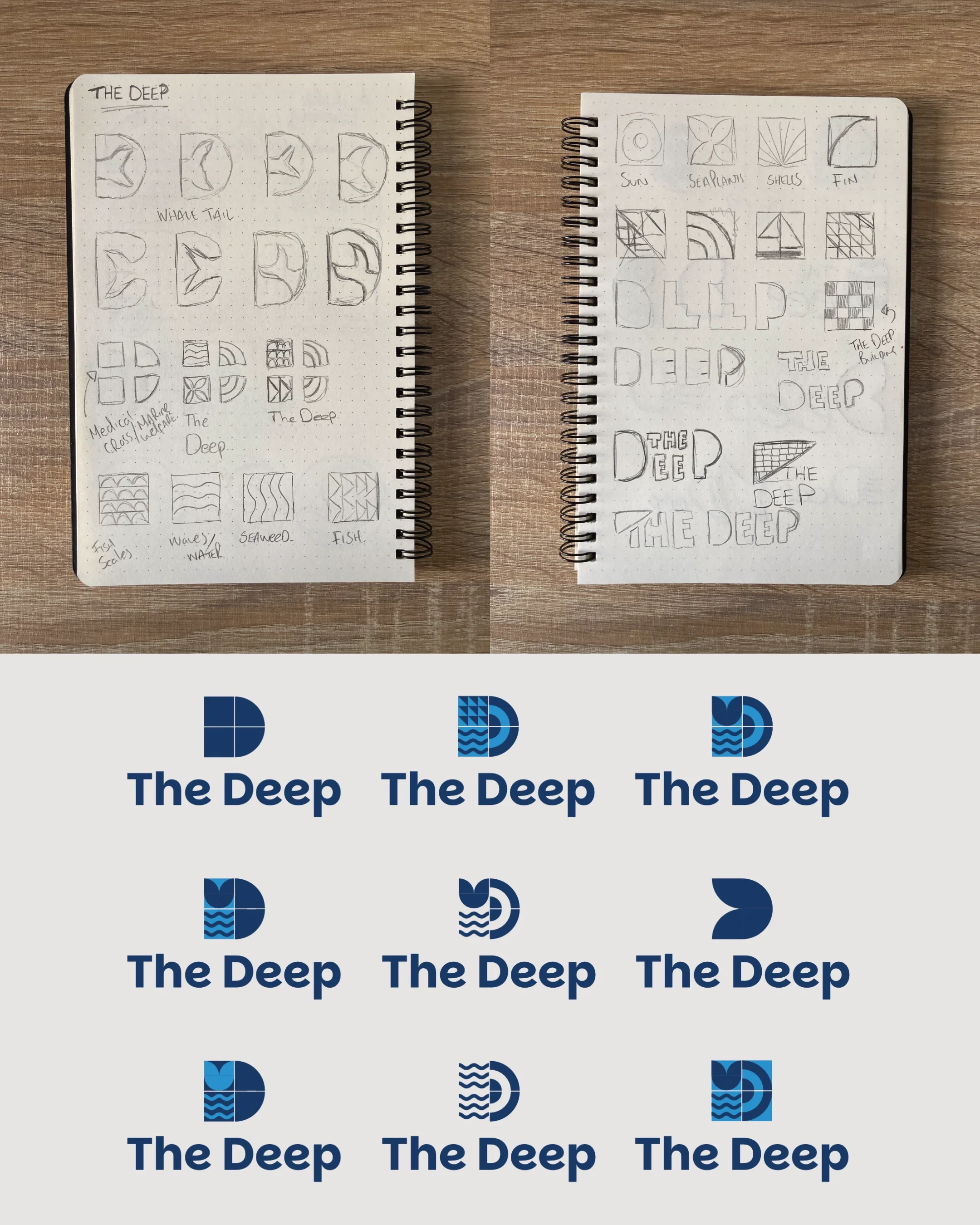 Collection of sketches and logo concepts for 'The Deep,' including wave, sun, shell, and fish motifs, along with different stylizations of the text 'The Deep'.