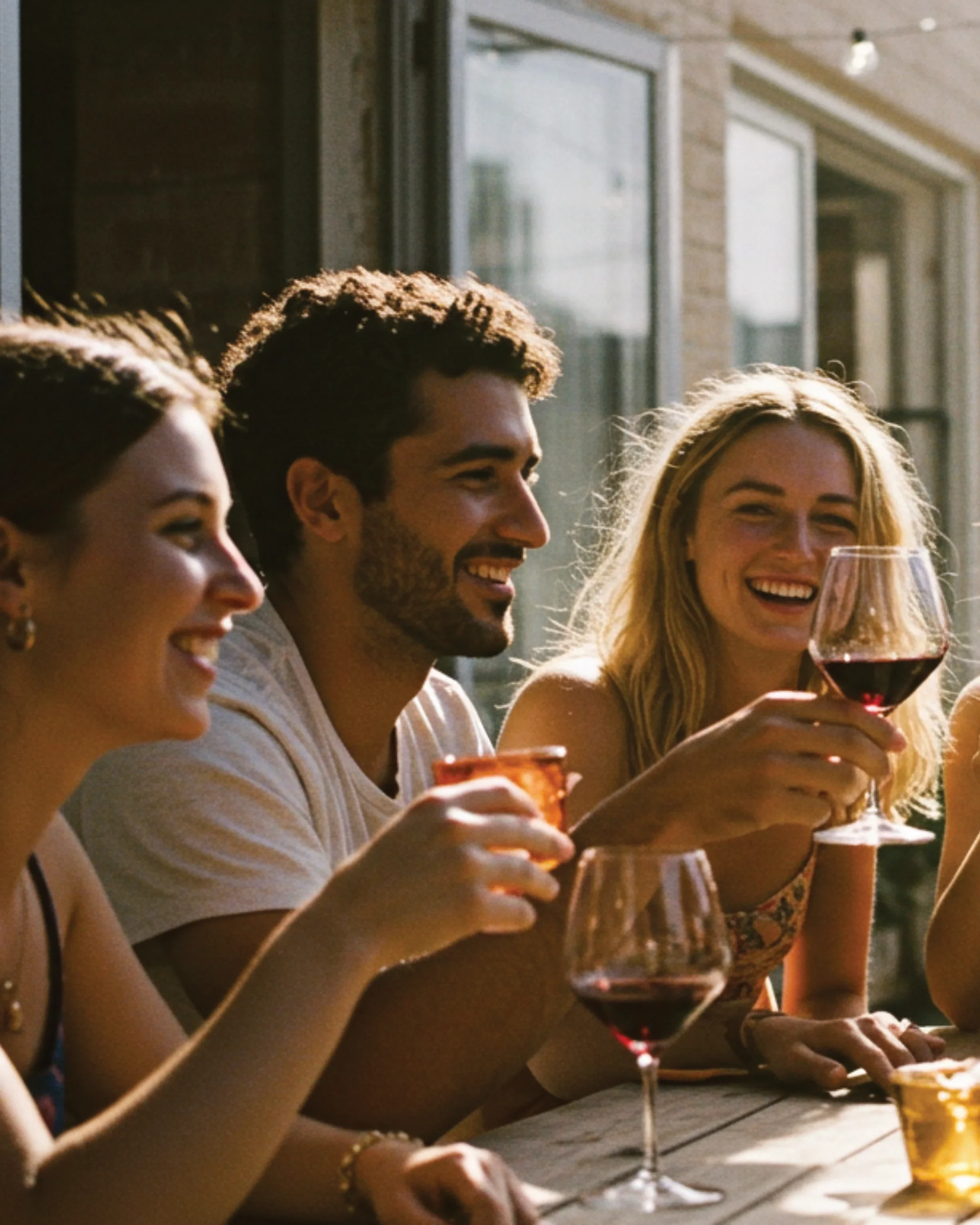 People smiling and enjoying drinks outside on a patio, with a woman holding a glass of red wine.