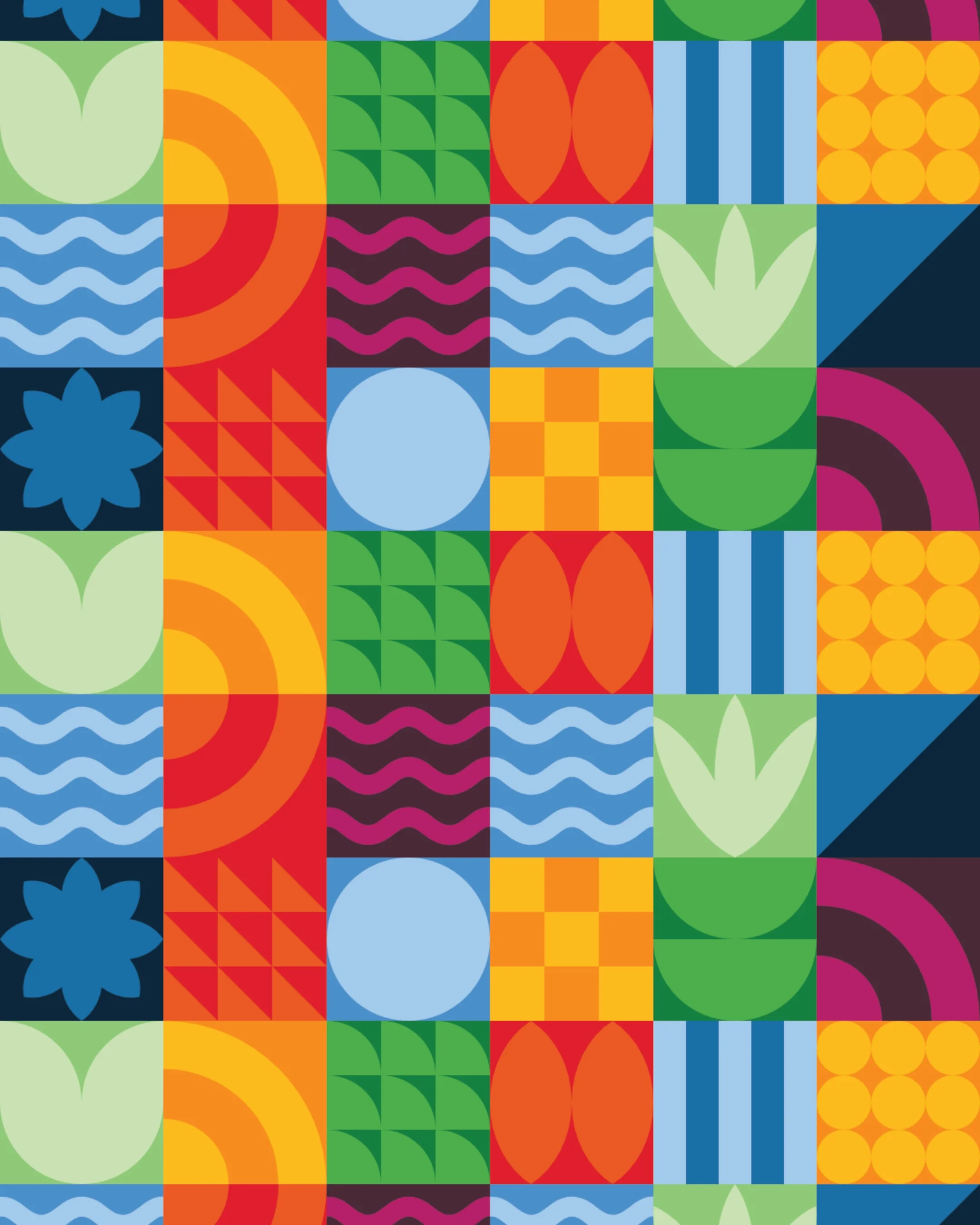 A colorful, geometric pattern composed of various shapes and colors, including circles, squares, and wavy lines in green, blue, yellow, orange, red, purple, and black.