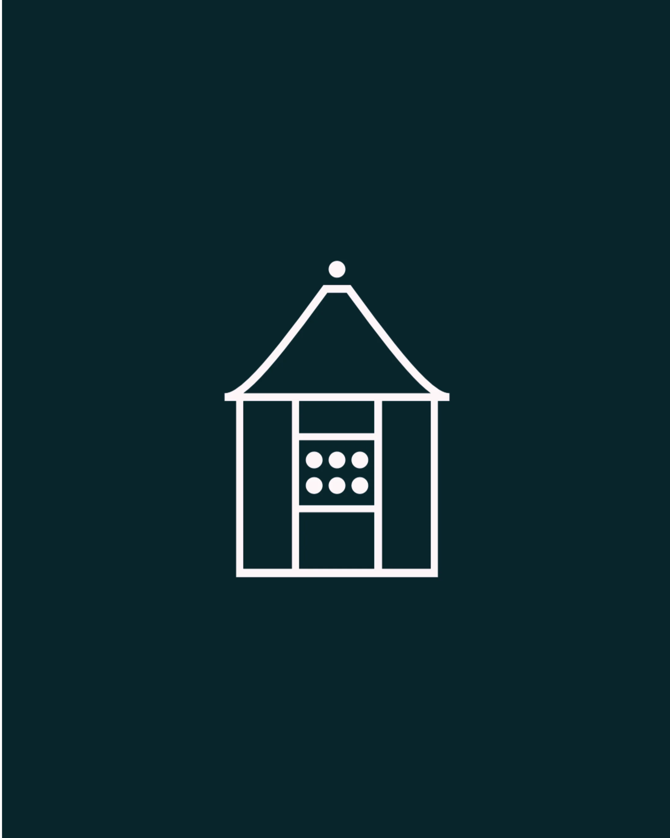 A minimalist icon of a building with a pointed roof, two vertical sides, and a door with six circles, drawn with white lines on a dark background.