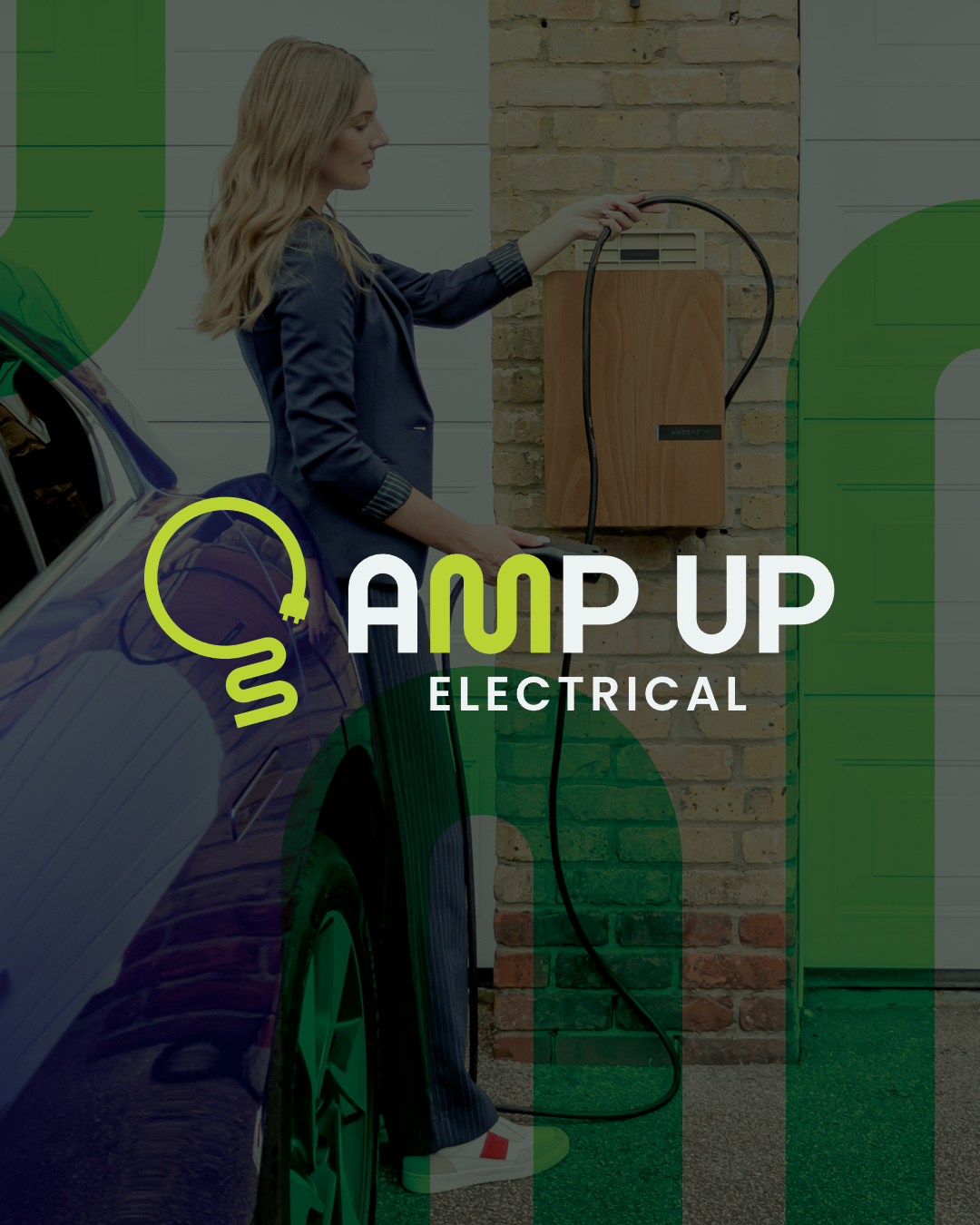 A woman charging an electric car at a home charging station.