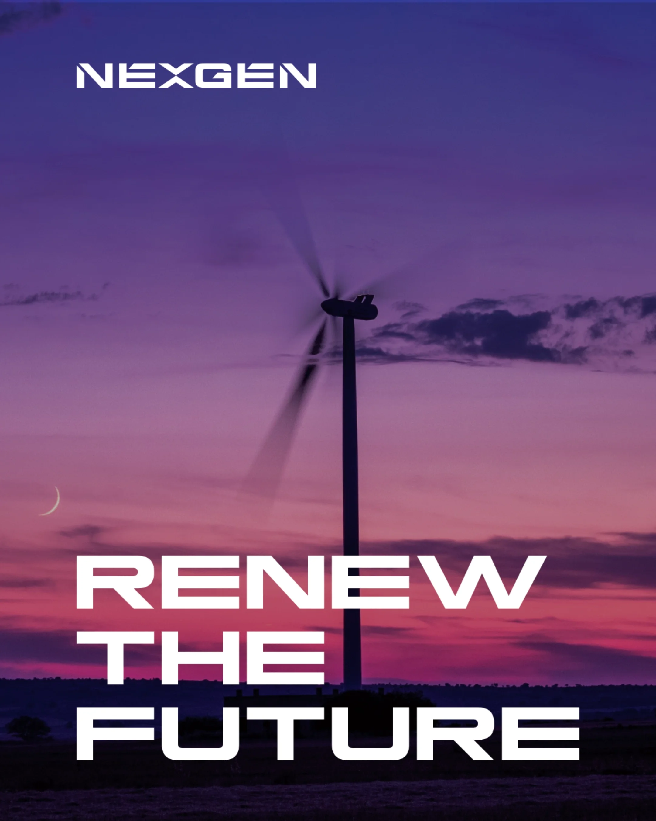 A wind turbine at sunset with purple sky and clouds, with the words 'RENEW THE FUTURE' in large white letters and 'NEXGEN' in the top left corner.