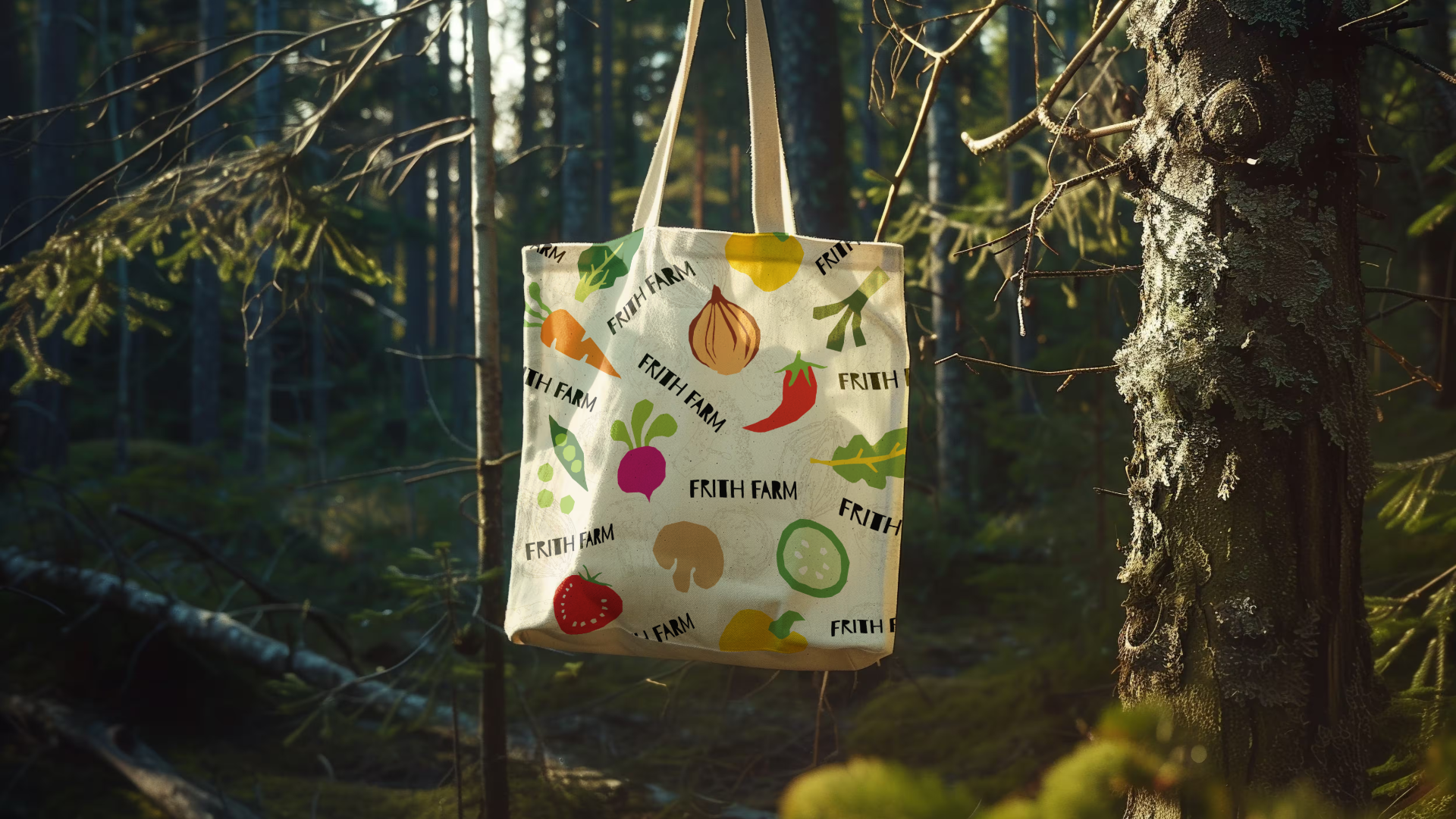 A tote bag with colorful vegetable illustrations hanging from a tree branch in a forest.