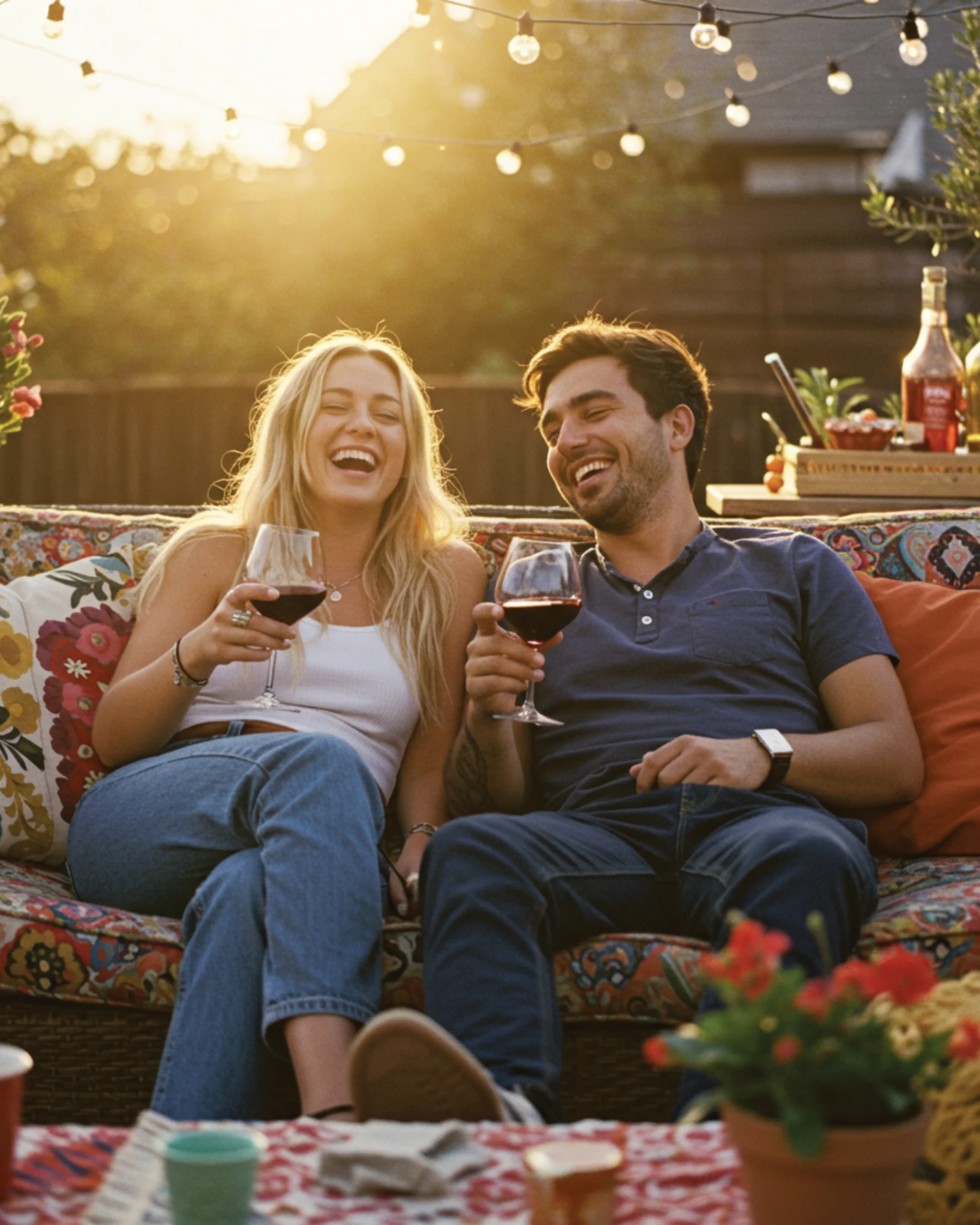 Two people sitting on a floral decorated outdoor couch, enjoying glasses of red wine, smiling and laughing in warm sunlight during sunset.