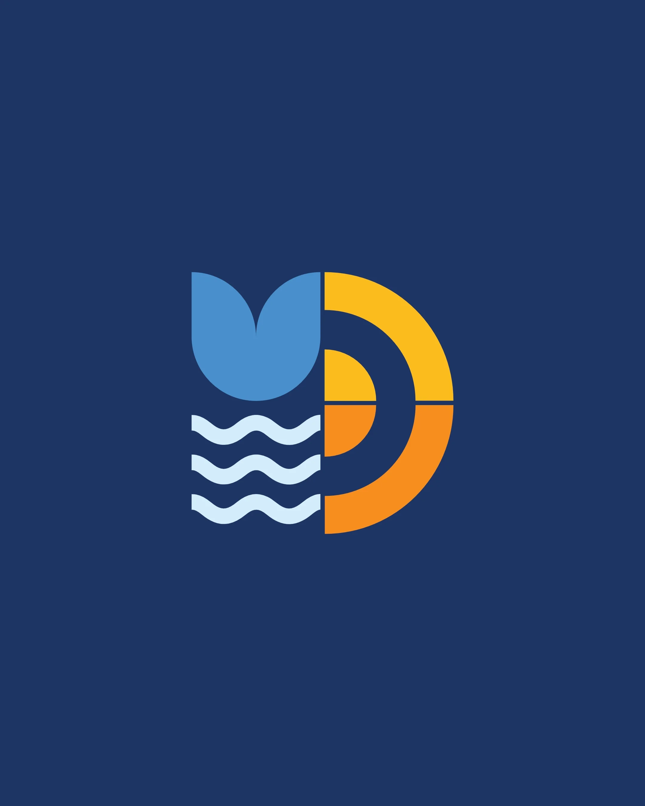 A stylized logo with a blue tulip, three blue wavy lines, and an orange and yellow semicircular design on a dark blue background.