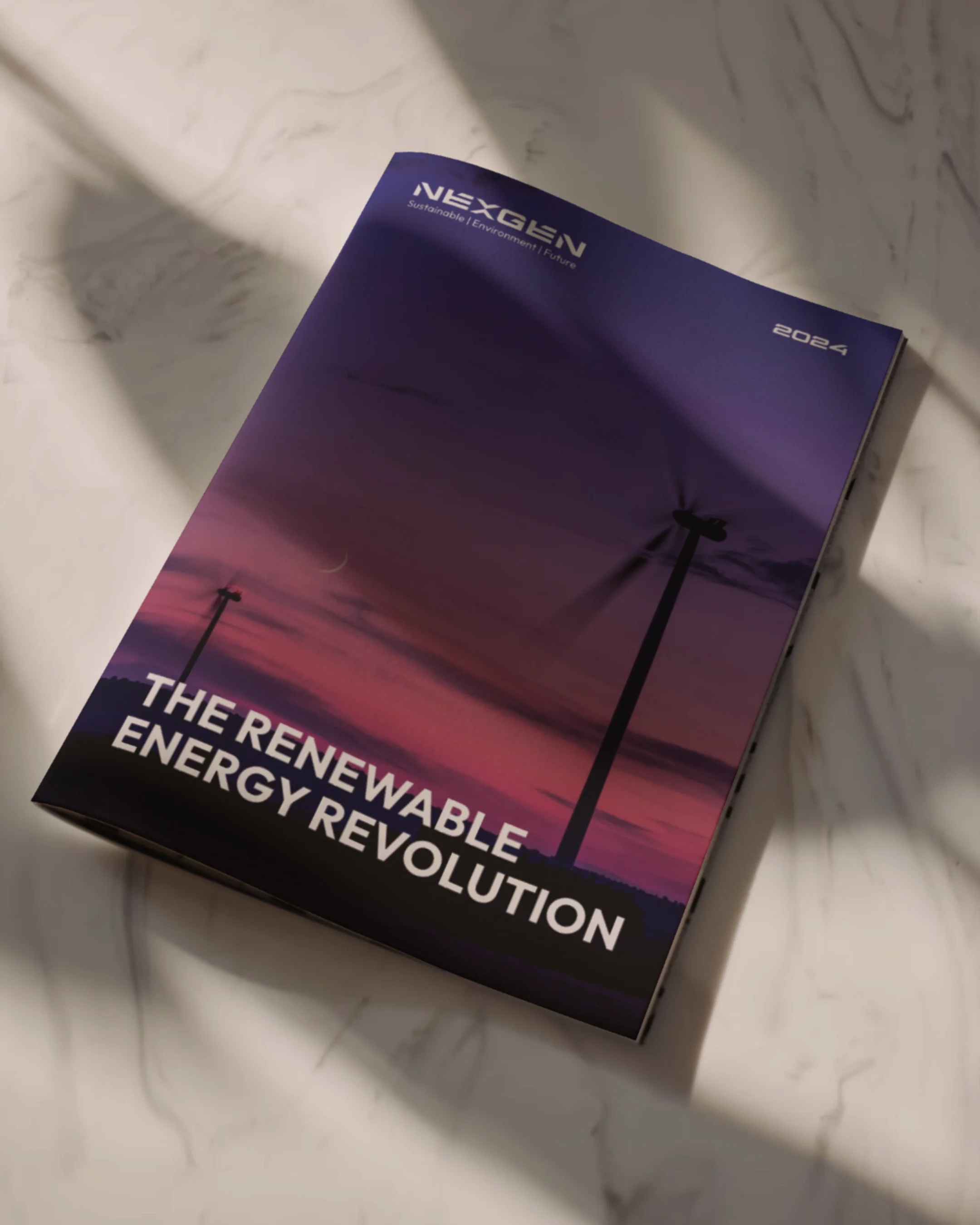 Cover of a magazine or report titled 'The Renewable Energy Revolution' with a wind turbine at sunset or sunrise, and the text 'NEXGEN' at the top right corner.