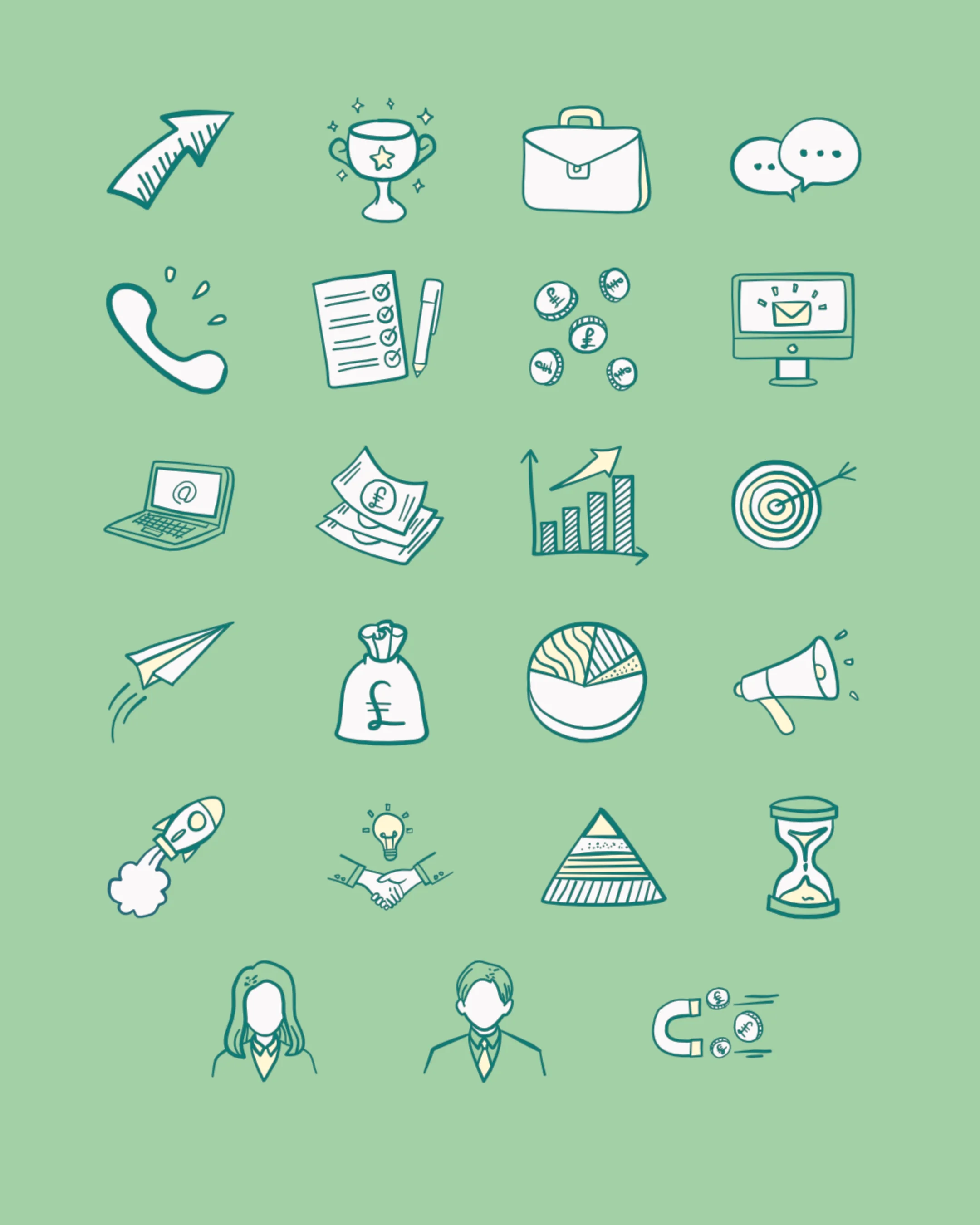 Collection of icons related to business and finance, including a trophy, briefcase, speech bubbles, phone, checklist, coins, computer, laptop, money, growth chart, target, paper airplane, money bag, pie chart, megaphone, rocket, handshake, pyramid, hourglass, two businesspeople, and magnet with coins.
