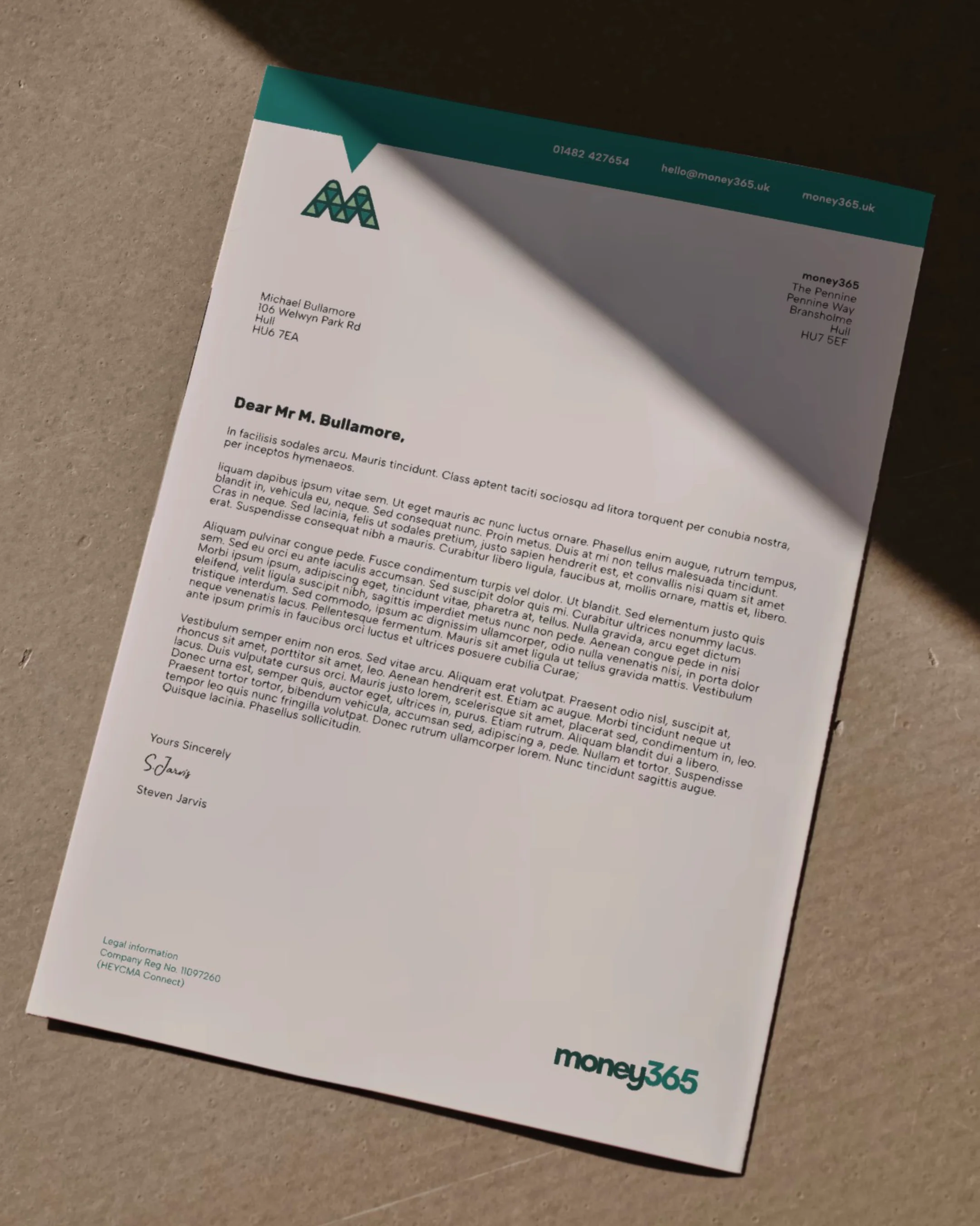 A printed letter on white paper with the logo 'money365' at the top left and bottom right corners. The letter is addressed to Mr. M. Bullamore in Hull, England, and is signed by Steven Jarvis. The letter contains placeholder text, and the top of the paper has a teal header with contact information and website.