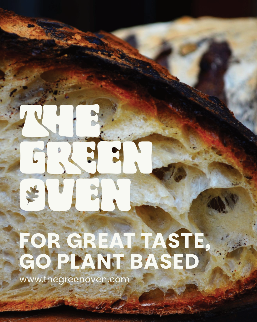 Sliced shot of a loaf of sourdough bread with the Green Oven branding overlaid