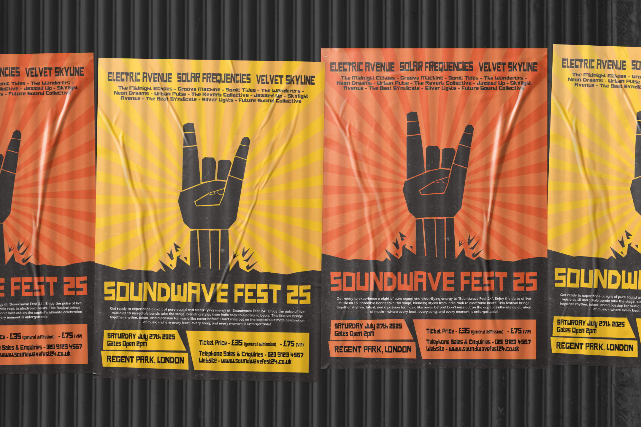 Festival ticket for Soundwave Fest 24, scheduled for Saturday, July 27th, 2025 at Regent Park, London. Features a black outline of a hand making the rock sign, with an orange and yellow burst background. Contains event details, ticket prices, and contact information.