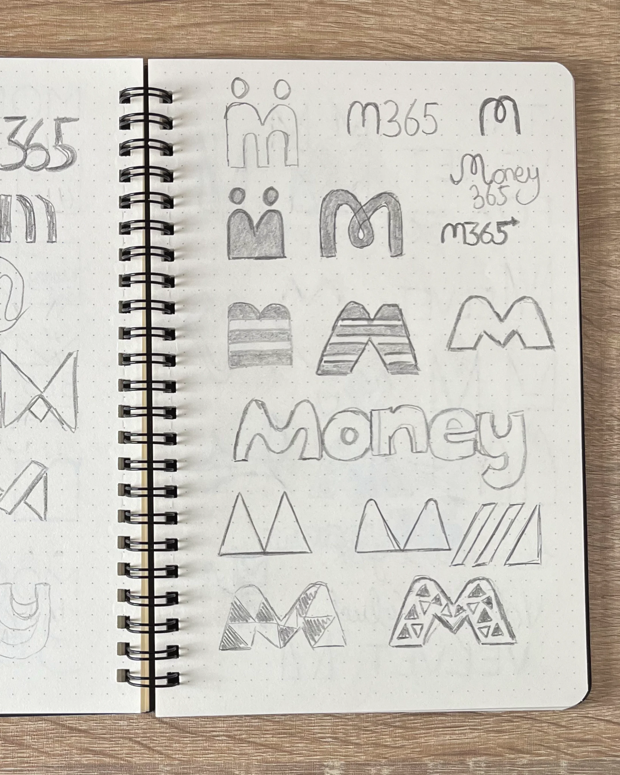 Sketches of the Microsoft Money M logo in various styles, including handwritten, striped, patterned, and filled-in designs, on a dotted notebook page.