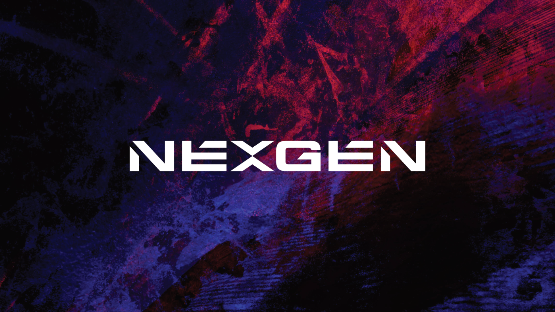 Digital artwork with the word 'NEXGEN' in bold white letters on a dark red and blue textured background.