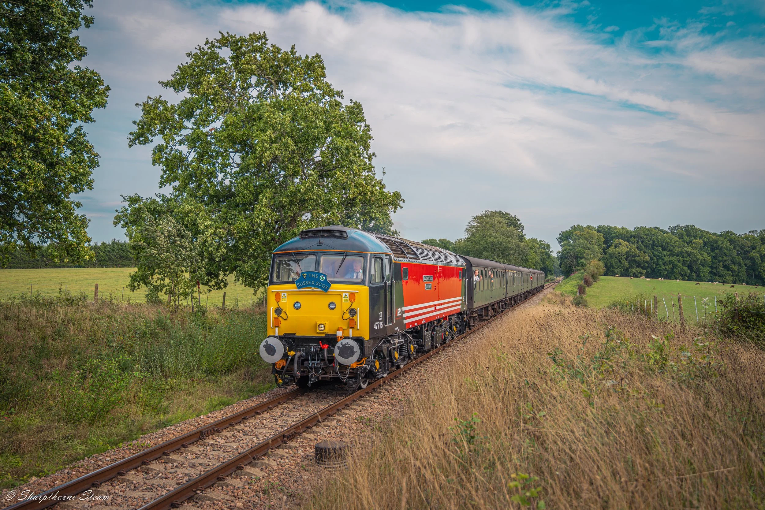 The Countryside Spoon - No47715 climbs Freshfield Bank on the Sunday of the gala in a typical Sussex countryside vista with sheep and greenery.