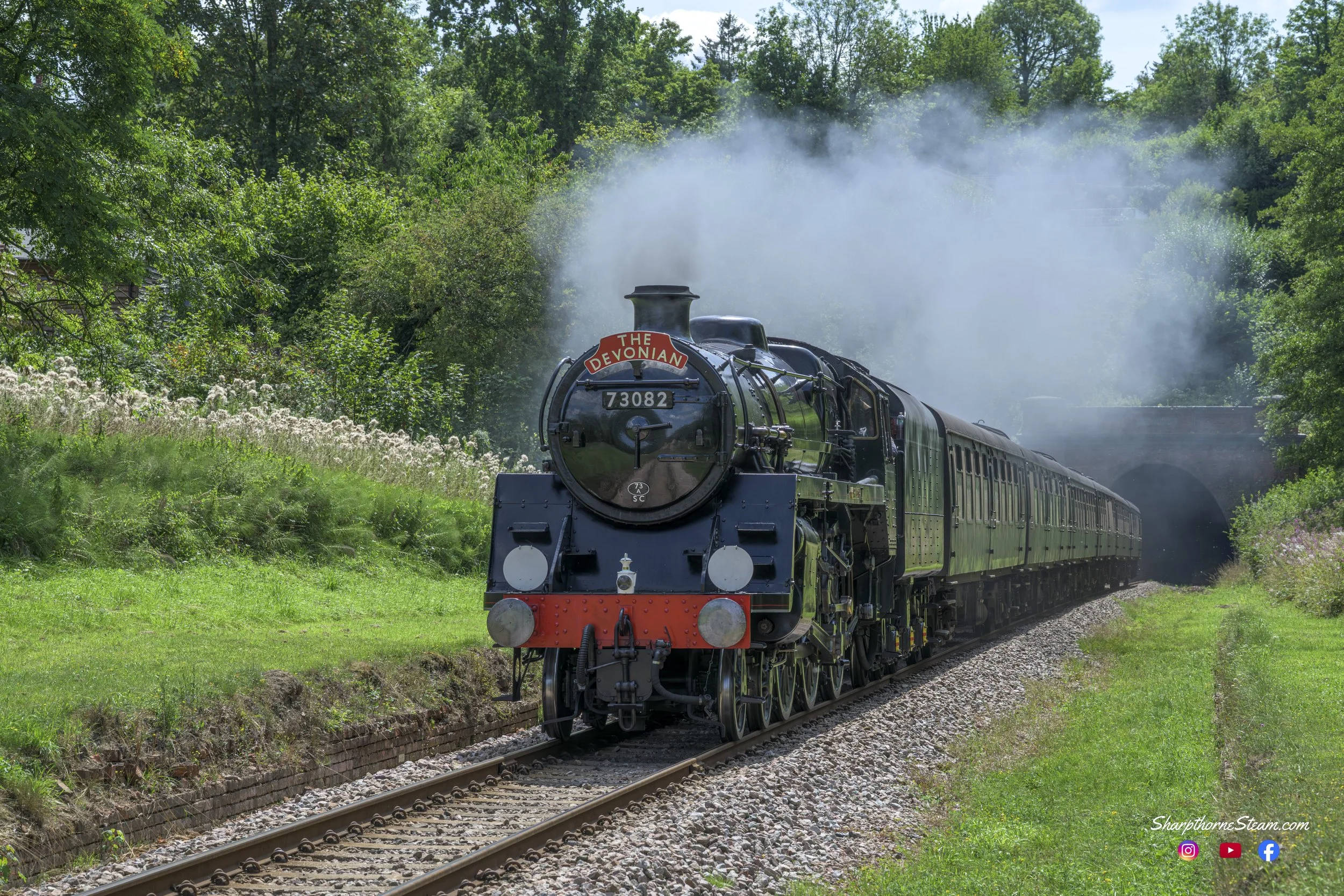 The Devonian - No73082 "Camelot" with new shed plate and a headboard shows off under a warm summer's heat. (Aug'25)