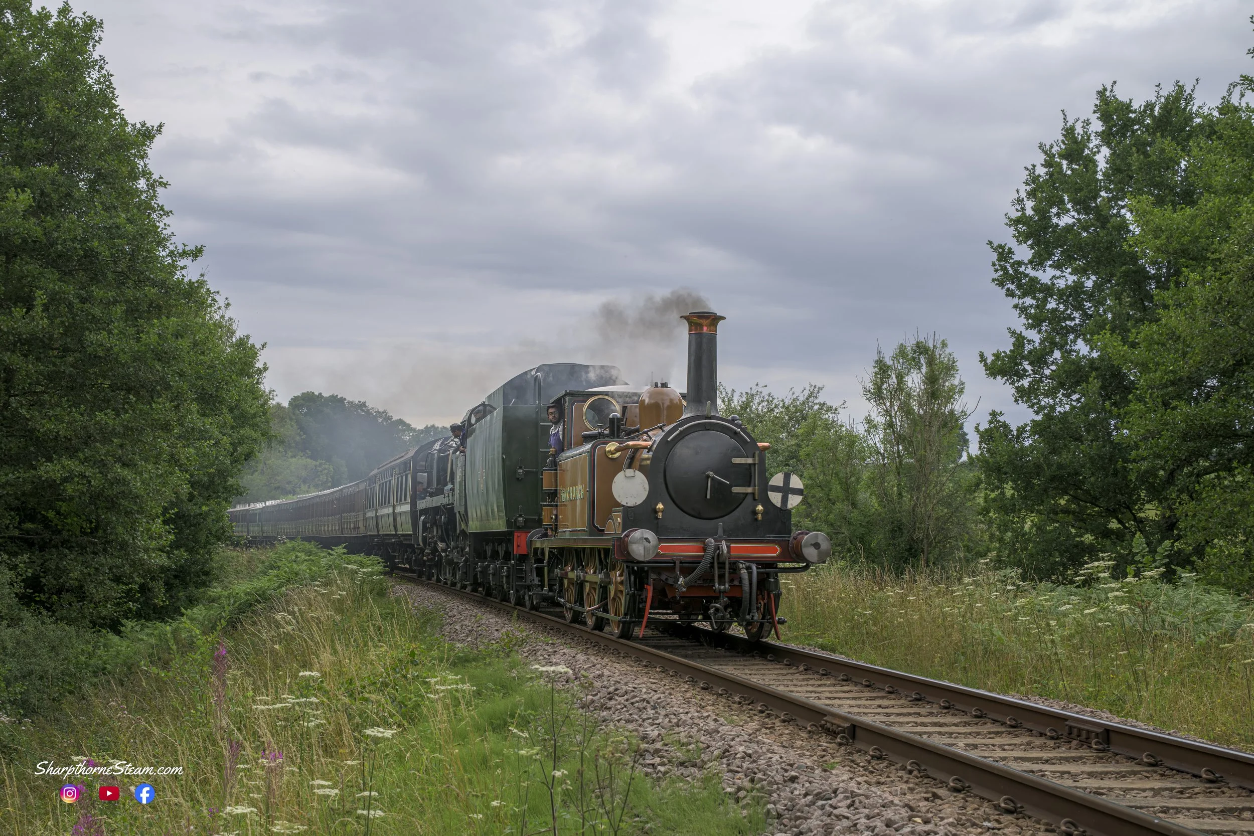 Little and Big Brighton - Both locomotives built at Brighton one in 1872 and the other in 1947 are seen at Tremains. (Jul'25)