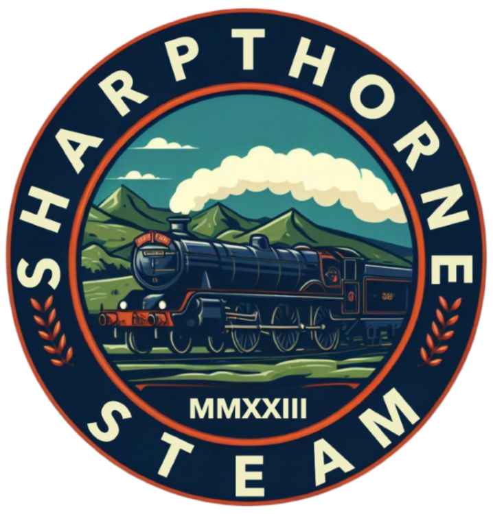 Badge with steam train illustration, mountains in background, 'Sharphorne Steam' text and 'MMXXIII' year.