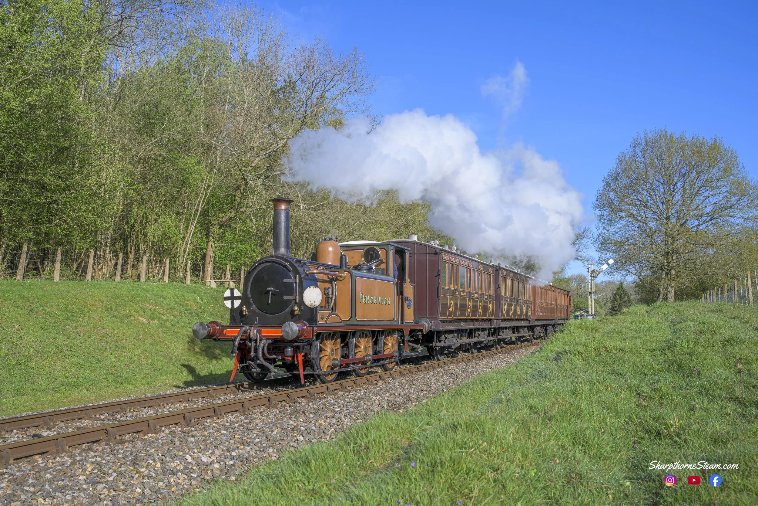 Spring Departure - No72 pulls away from the 10mph at Kingscote with a return service to Horsted Keynes.
