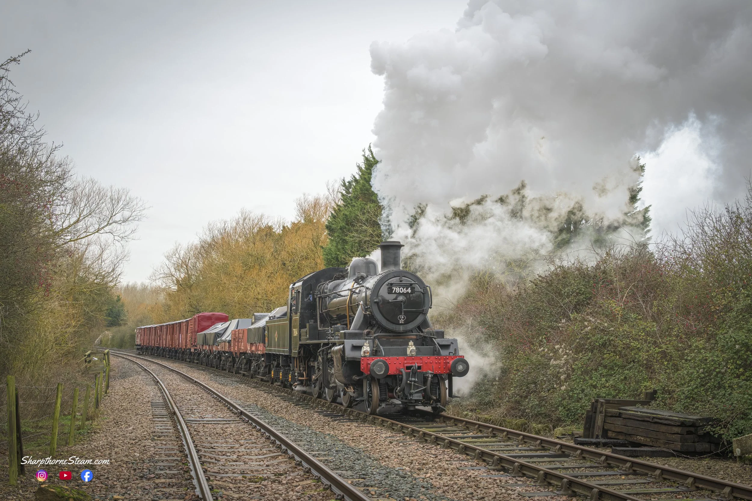 Yarwell Jct - No78064 prepares for her trip towards Peterborough with a mixed goods set.