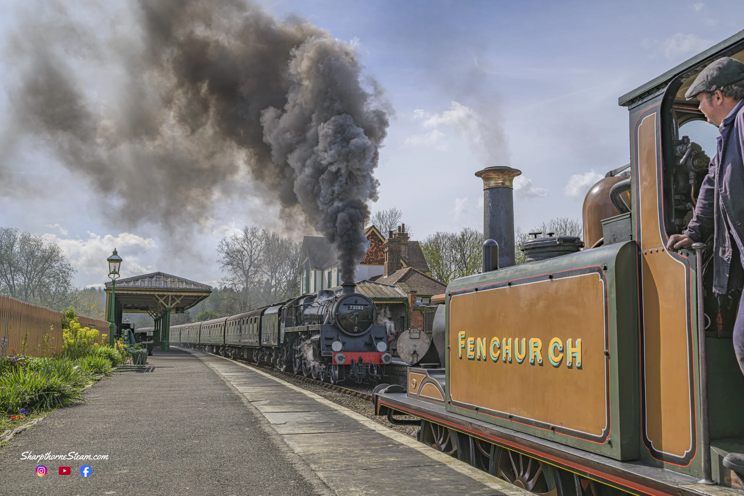 Standards and Terriers - No72 awaits her bigger colleague to clear Kingscote station before heading south to Horsted Keynes.