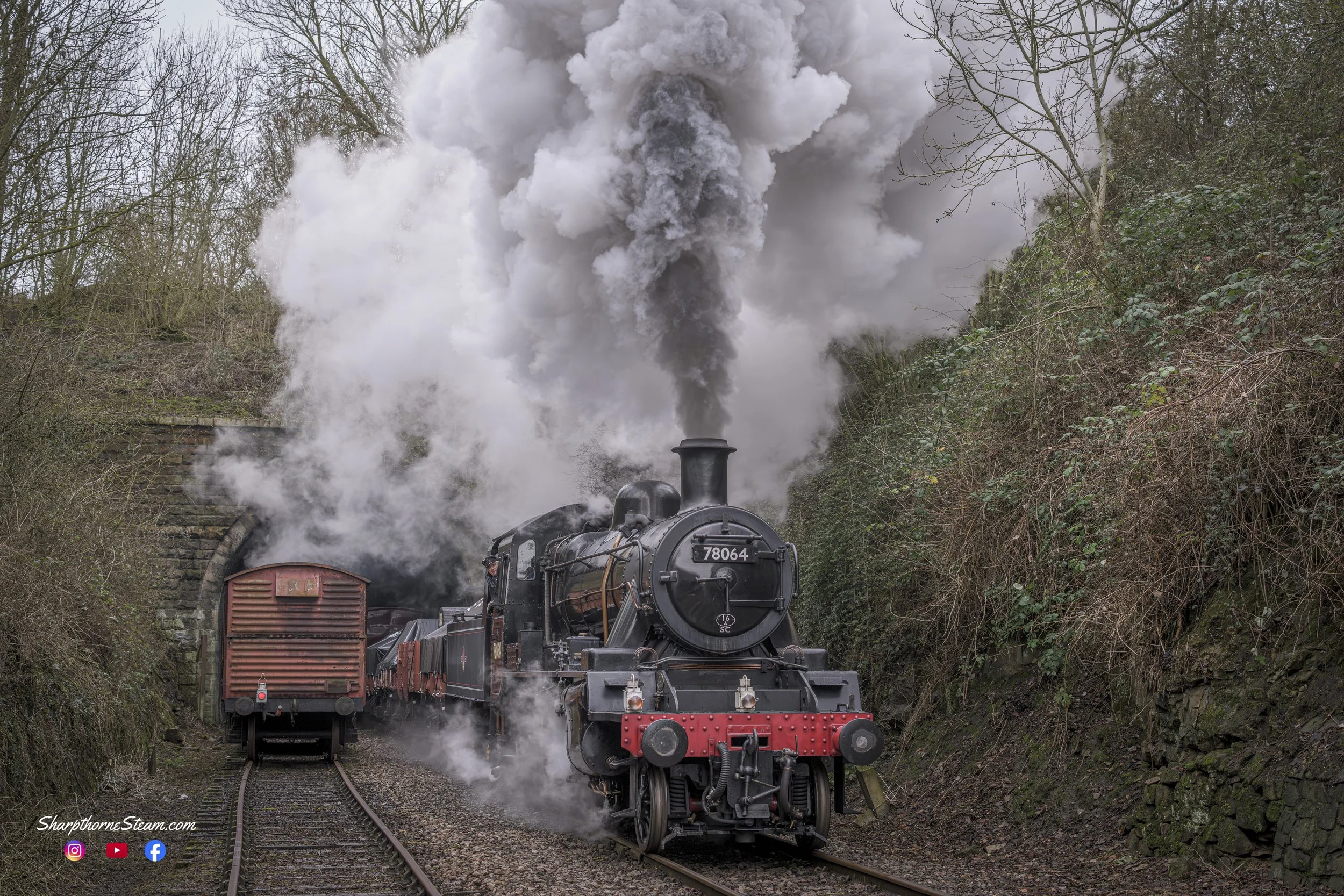 The Other Side - No78064 emerges from Wansford Tunnel on the final approach to Wansford Station.